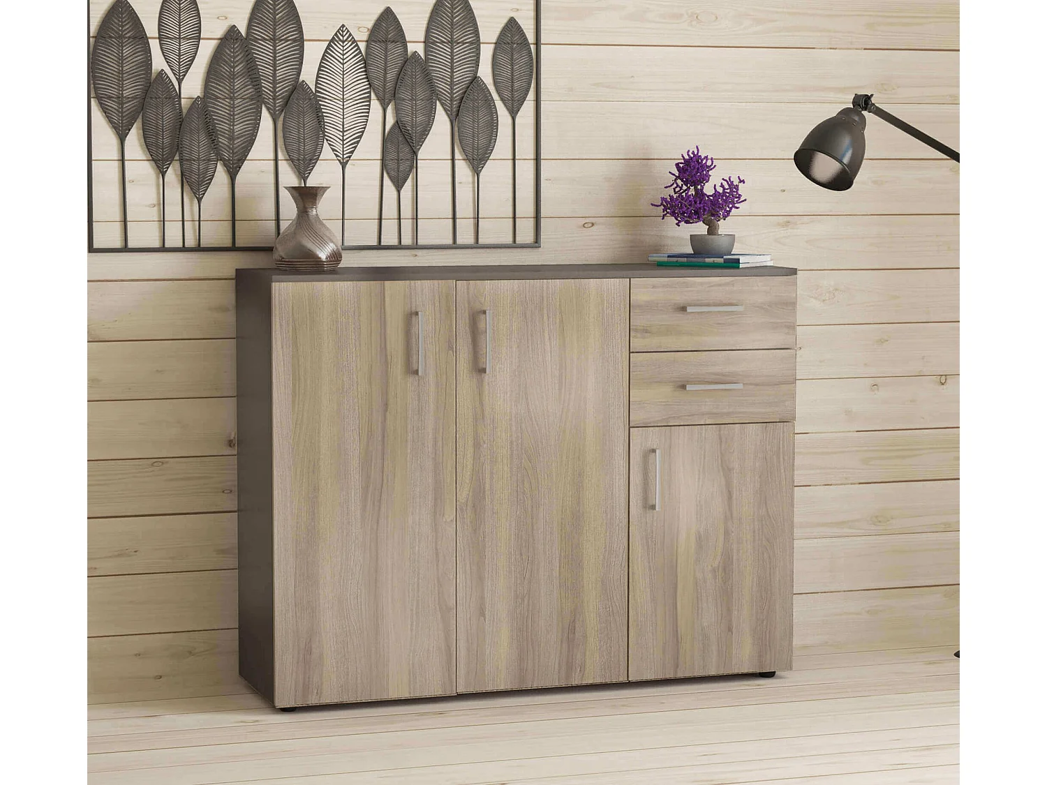 MilaniHome.it - madia moderna con 2 cassetti e tre ante di design moderno contemporaneo cm 106 x 36 x 83 hdi coloreOlmo