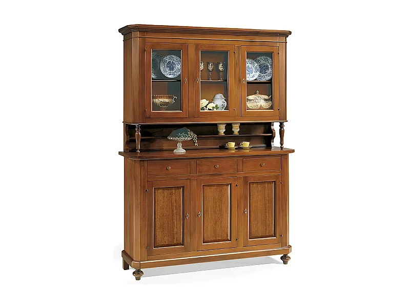 MilaniHome.it - Credenza Cristalliera Mobile Con Vetro Tinta Noce 150x43x218 Per Interno Sala Da Pranzo Salotto Cucina Massello Arte Poveradi coloreTinta noce