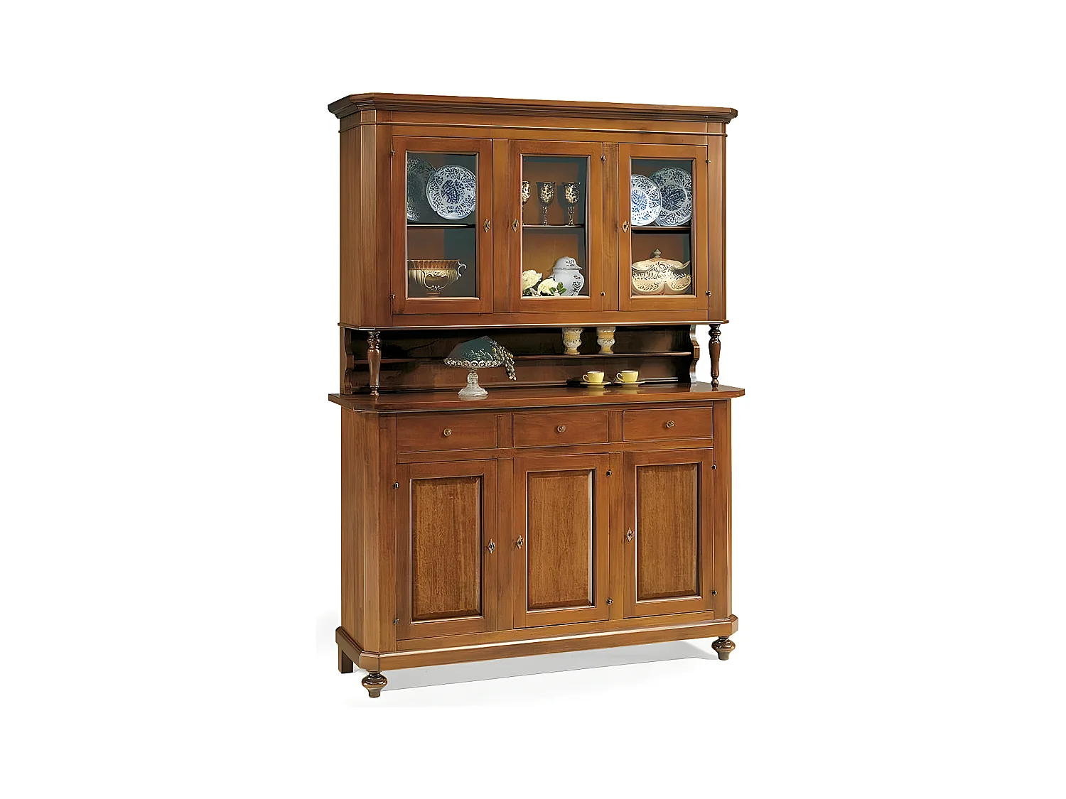 MilaniHome.it - Credenza Cristalliera Mobile Con Vetro Tinta Noce 150x43x218 Per Interno Sala Da Pranzo Salotto Cucina Massello Arte Poveradi coloreTinta noce