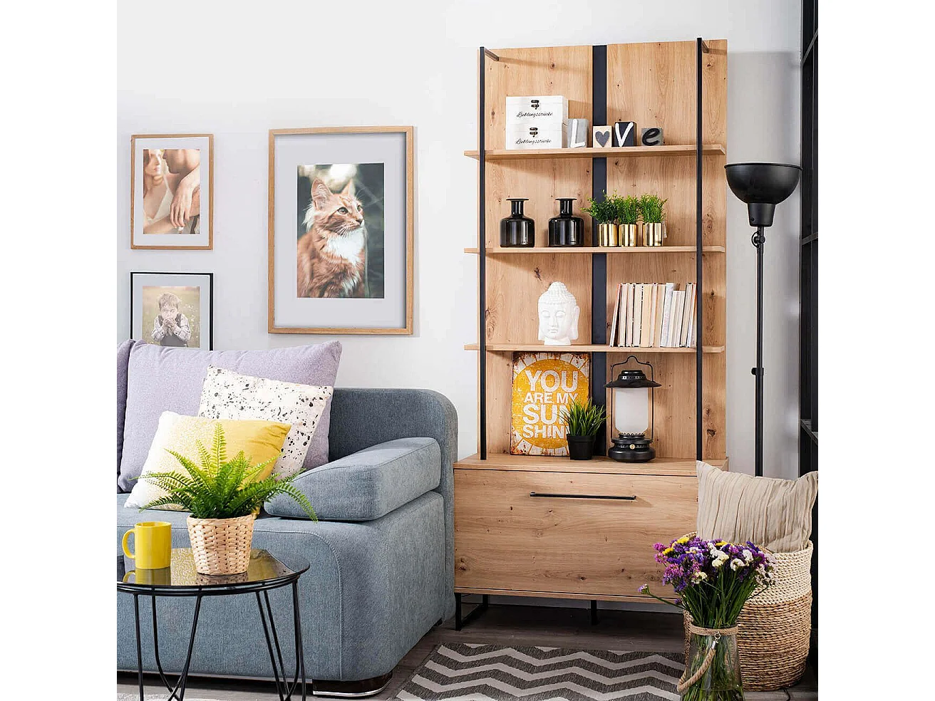 libreria moderna colore rovere con 4 mensole e un'anta di design moderno industrial cm 85 x 42 x 191,5 h