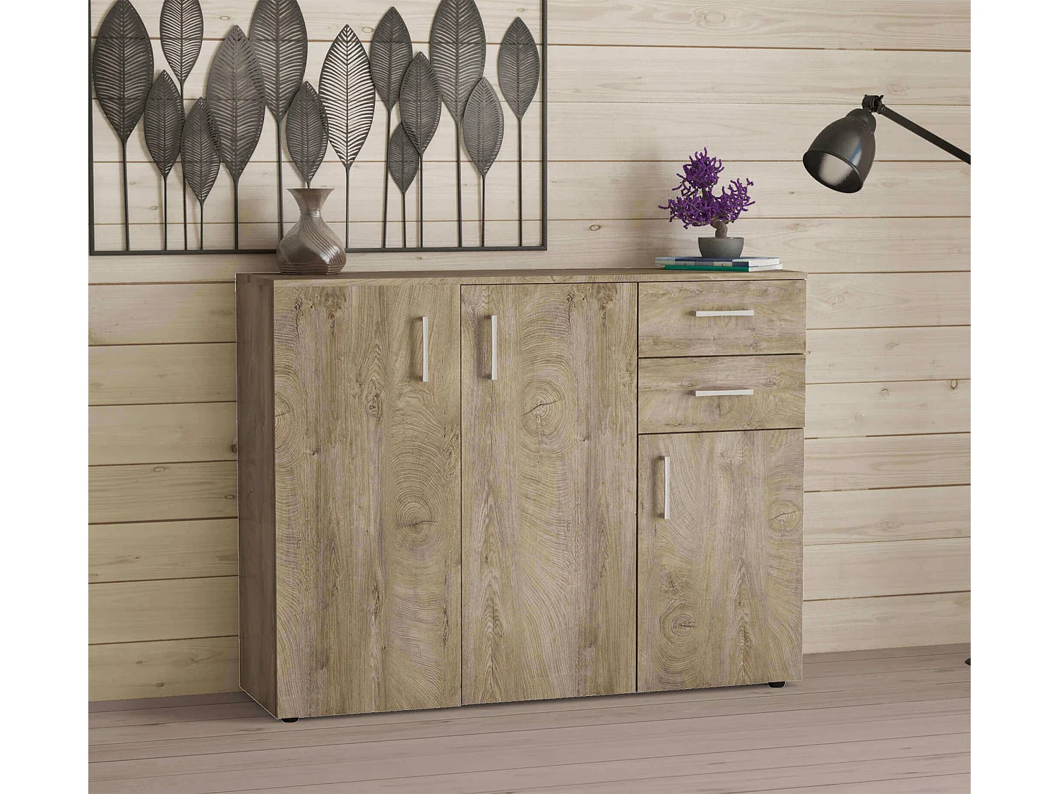 MilaniHome.it - madia moderna con 2 cassetti e tre ante di design moderno contemporaneo cm 106 x 36 x 83 hdi coloreRovere Chiaro