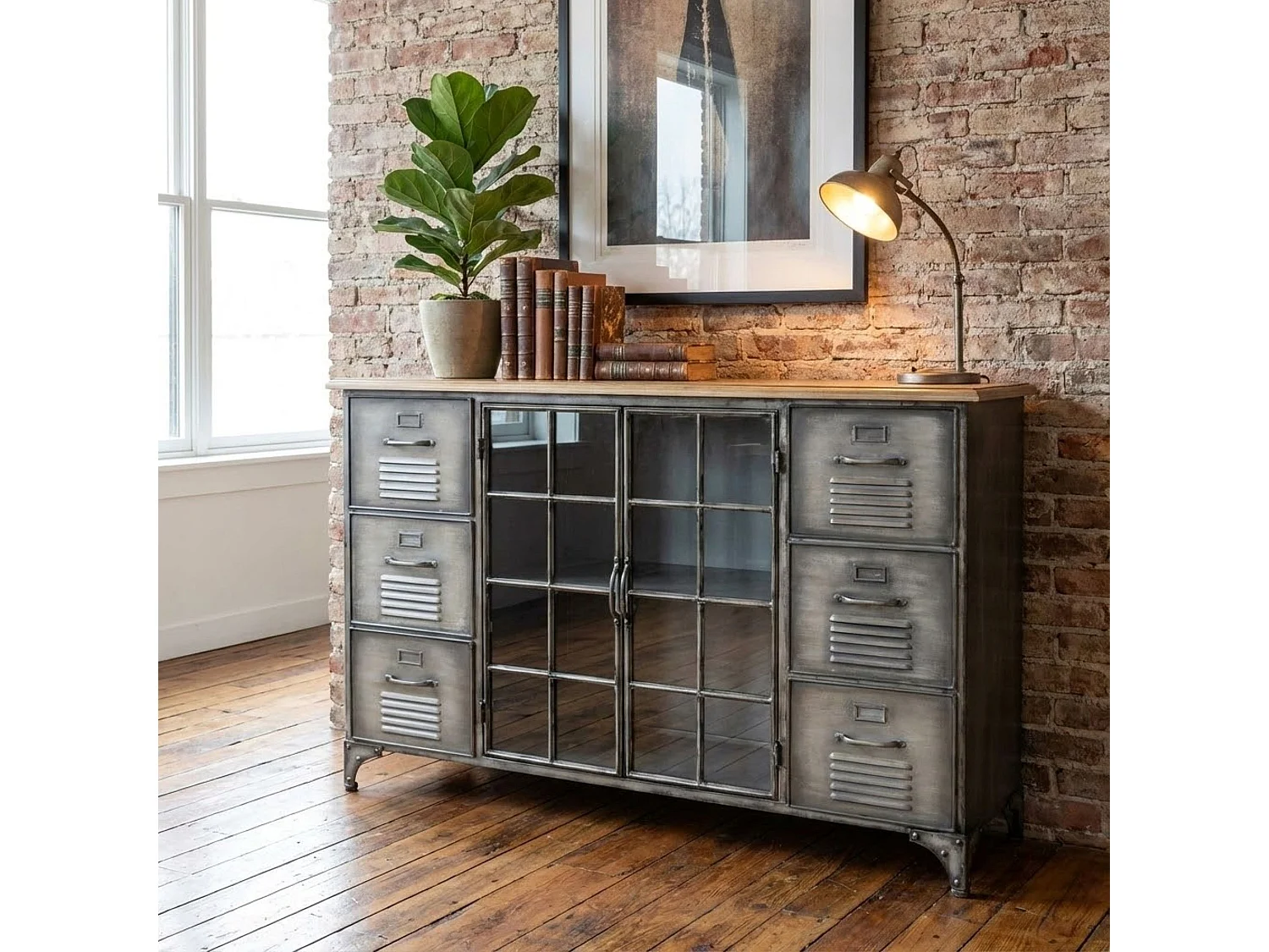 Milani Home - madia credenza industrial 125 x 41 x 83 cm, grigio antracite, acciaio e legno massiccio riciclato