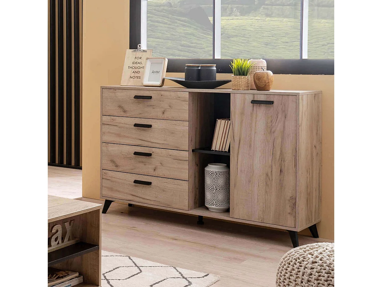 madia quattro cassetti un anta moderna minimal in legno di design moderno industrial cm 137,5 x 40 x 90,5 h