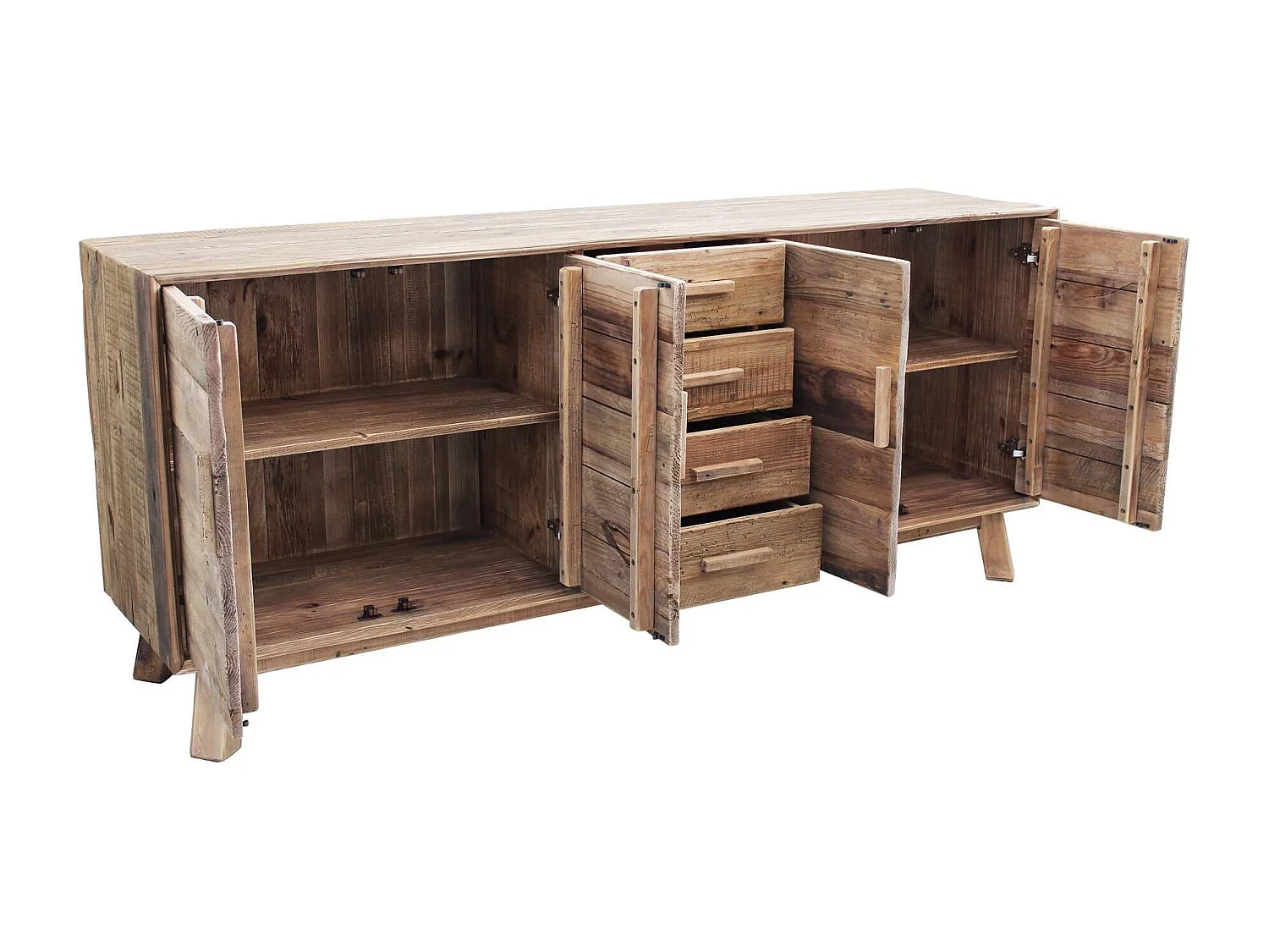 MilaniHome.it - Madia con 4 ante e 4 cassetti in legno di pino riciclato di design moderno in legno invecchiato pezzo unico cm 200x48x85 hdi coloreMarrone