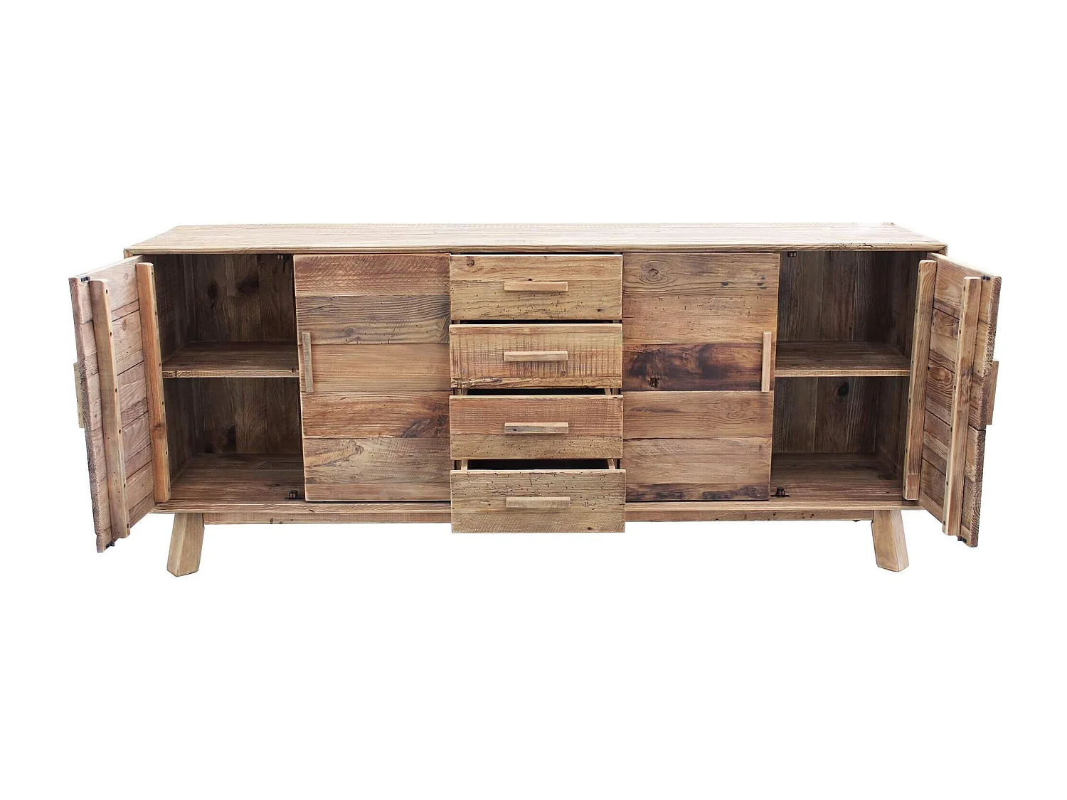 MilaniHome.it - Madia con 4 ante e 4 cassetti in legno di pino riciclato di design moderno in legno invecchiato pezzo unico cm 200x48x85 hdi coloreMarrone