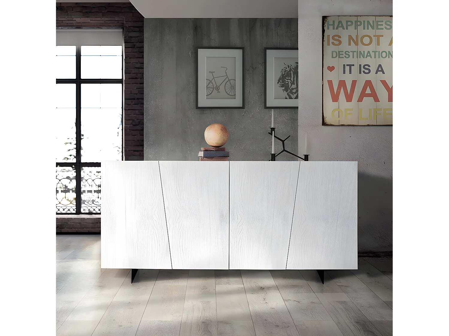 MilaniHome.it - Mobile Tv Porta Tv Cm 180x50x87 H Abete Spazzolato Bianco 4 Ante Per Soggiorno Sala Salotto Ufficio Camera Da Lettodi coloreBianco