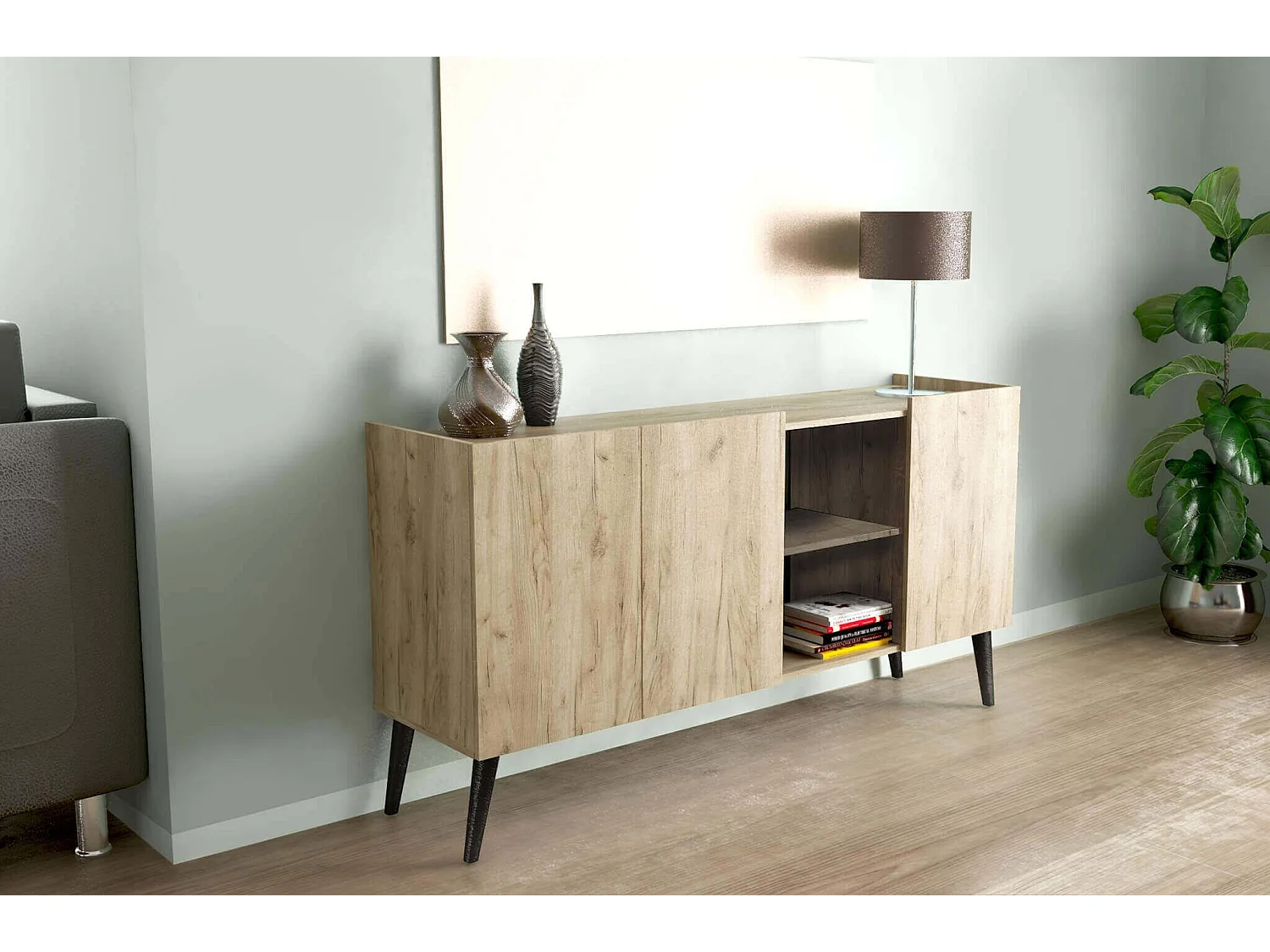 MilaniHome.it - madia di design con 3 ante di design moderno contemporaneo cm 160 x 40 x 83 hdi coloreRovere grigio