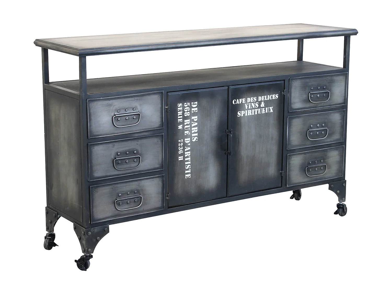 Milani Home - madia credenza industrial in acciaio con top in legno massello riciclato, grigio antracite, 133 x 38 x 82 cm