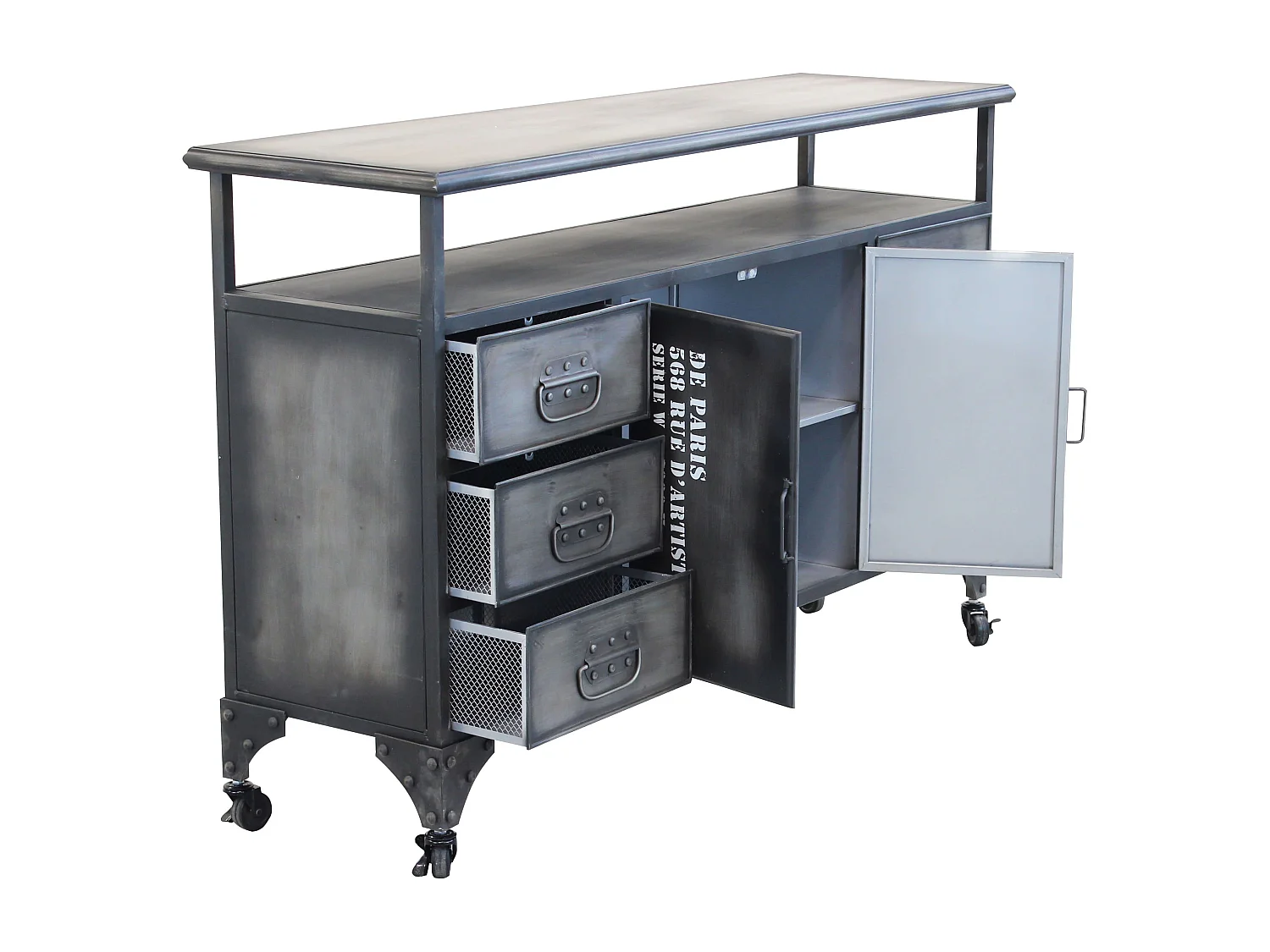 Milani Home - madia credenza industrial in acciaio con top in legno massello riciclato, grigio antracite, 133 x 38 x 82 cm