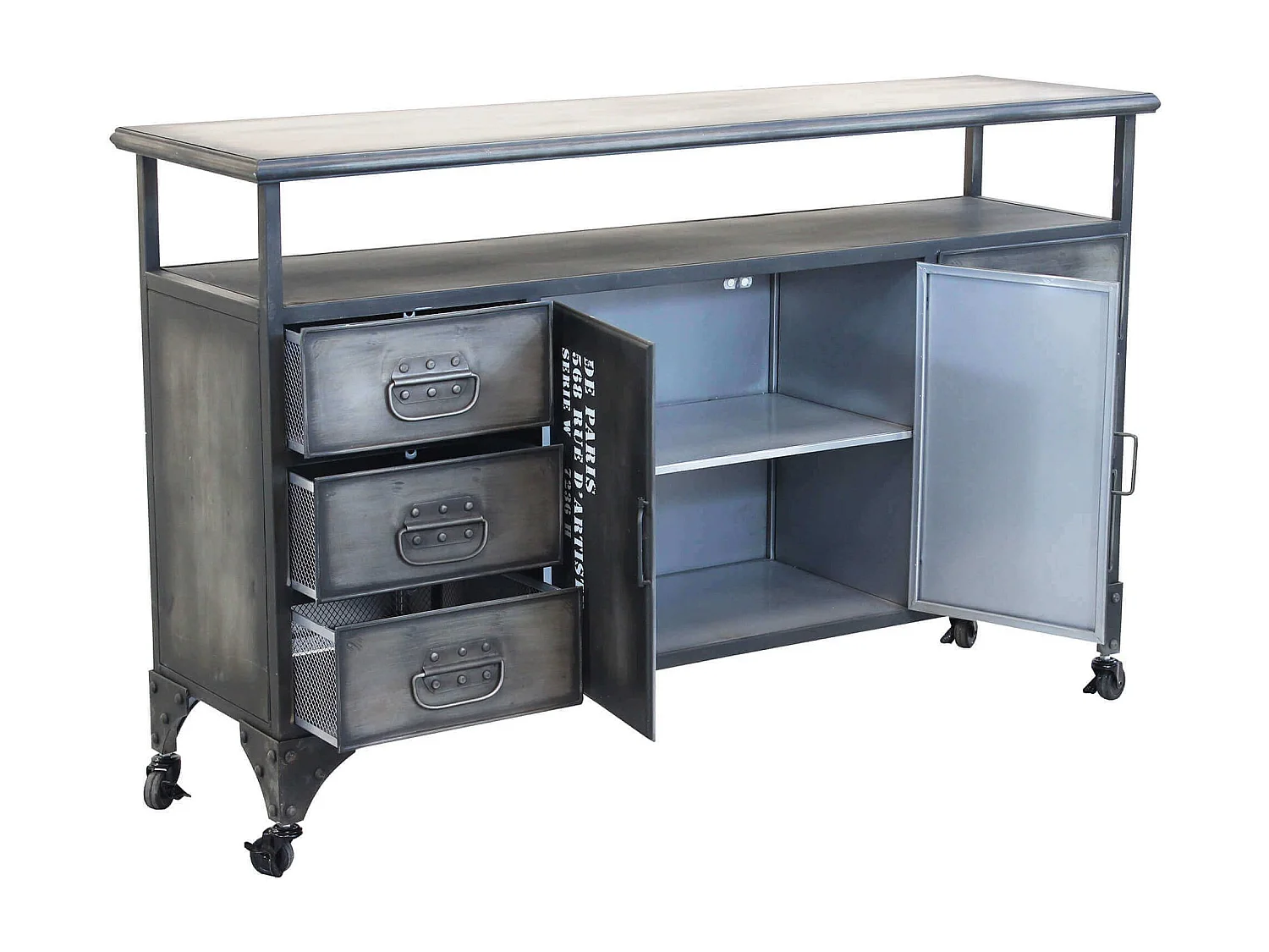 Milani Home - madia credenza industrial in acciaio con top in legno massello riciclato, grigio antracite, 133 x 38 x 82 cm