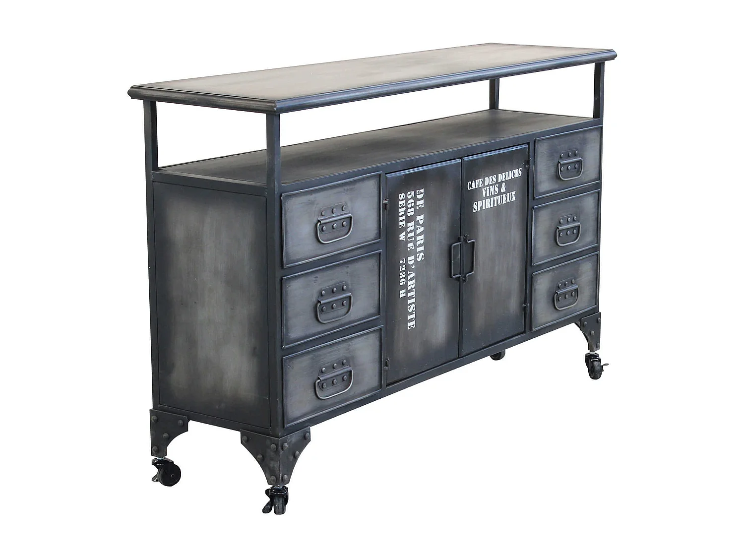 Milani Home - madia credenza industrial in acciaio con top in legno massello riciclato, grigio antracite, 133 x 38 x 82 cm