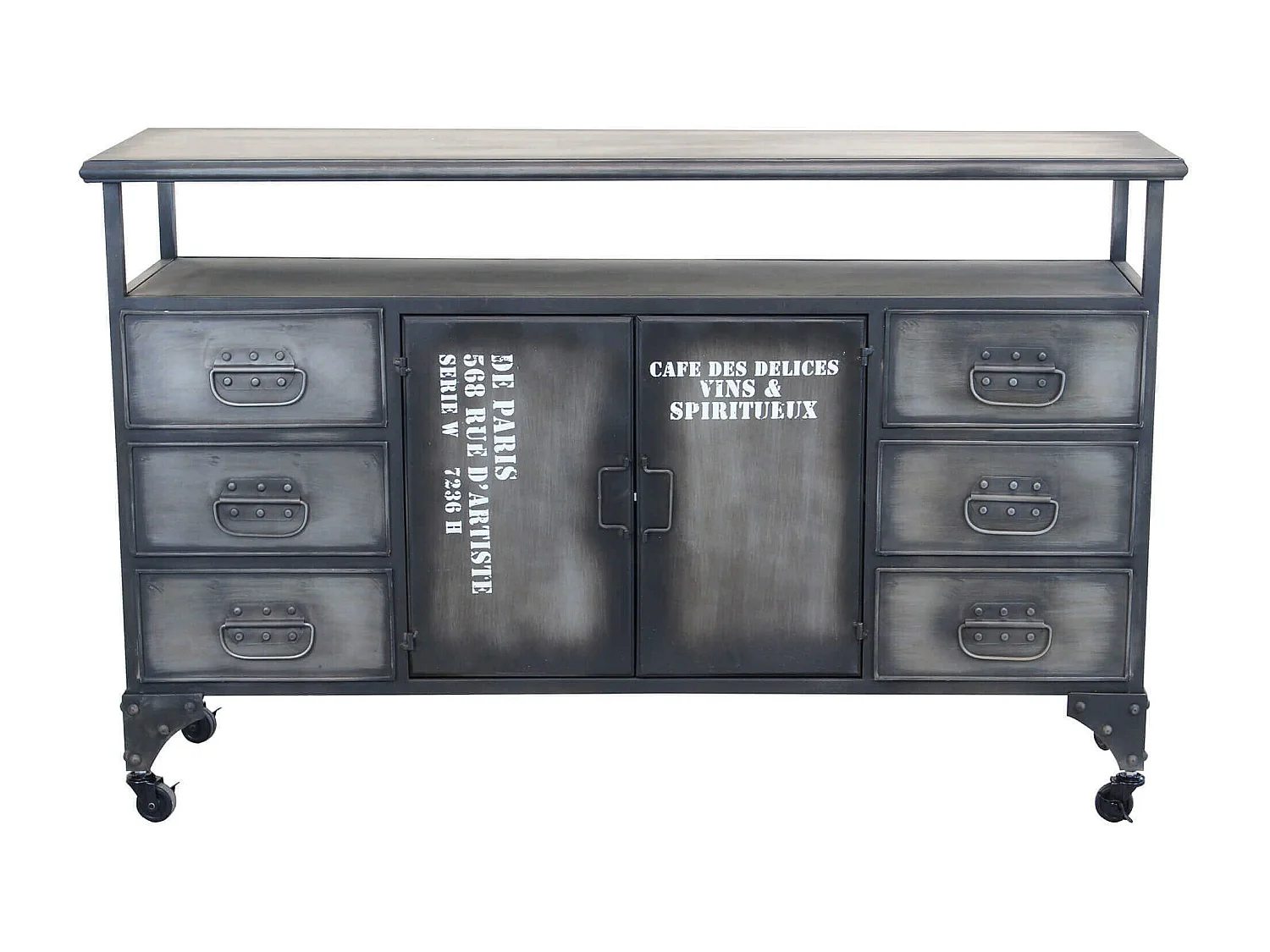 Milani Home - madia credenza industrial in acciaio con top in legno massello riciclato, grigio antracite, 133 x 38 x 82 cm