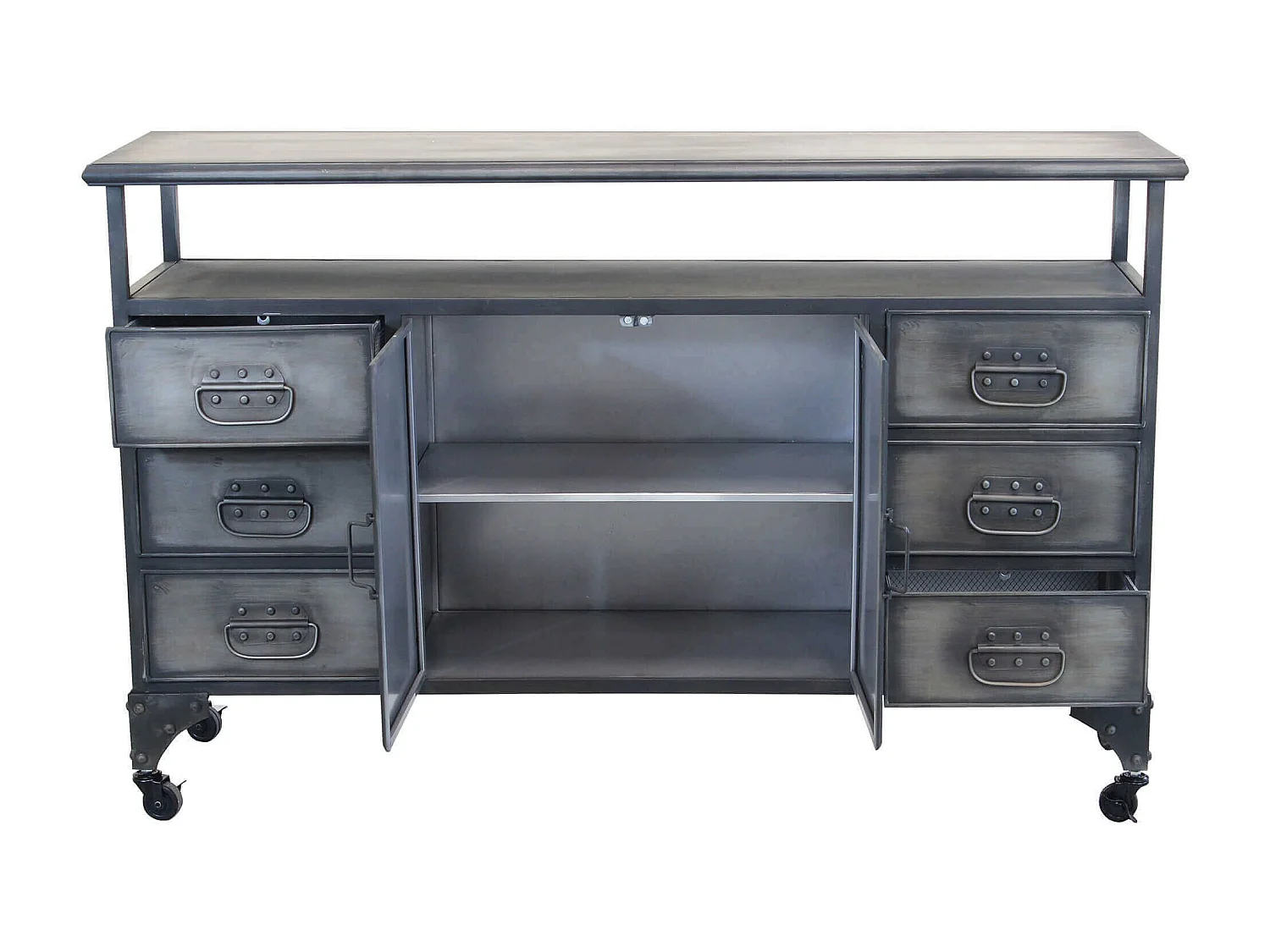 Milani Home - madia credenza industrial in acciaio con top in legno massello riciclato, grigio antracite, 133 x 38 x 82 cm