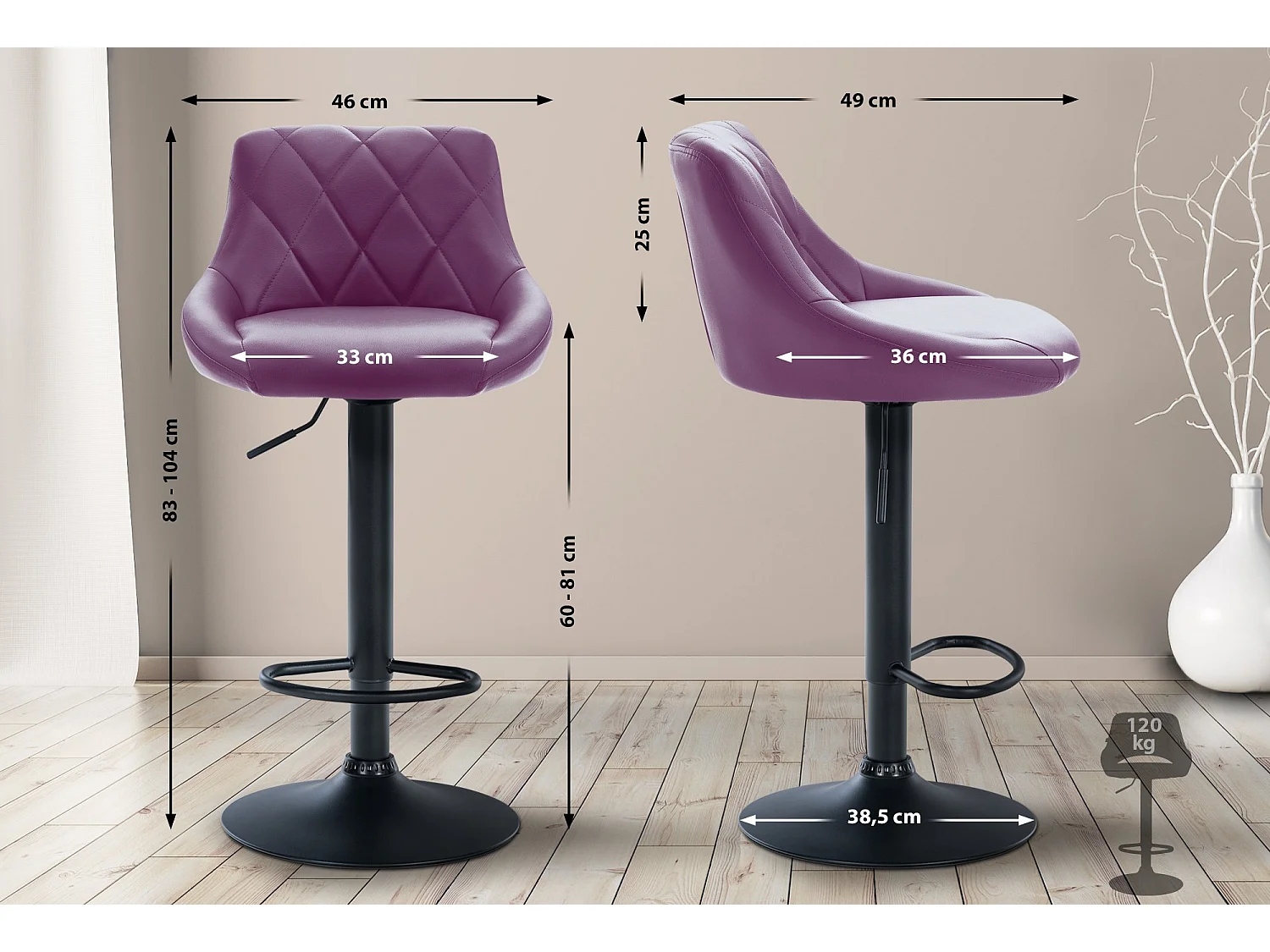 Tabouret de bar - Similicuir & Noir - Violet - Lazio