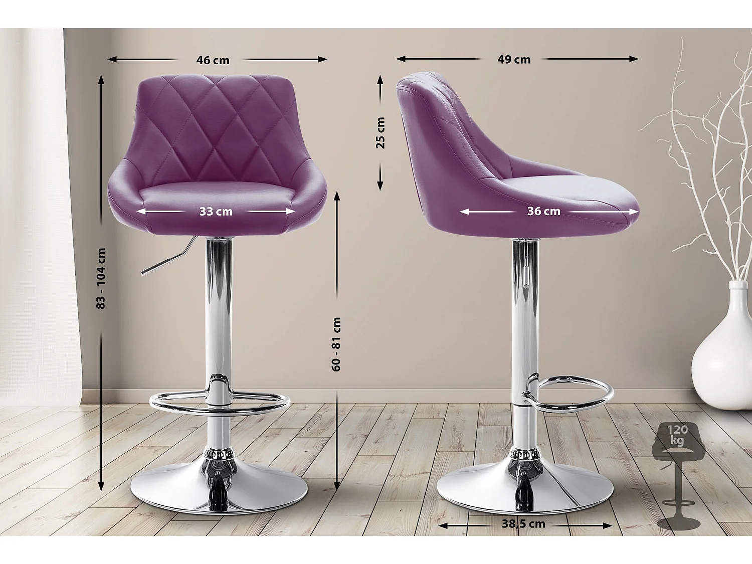 Tabouret de bar - Similicuir & Chrome - Violet - Lazio