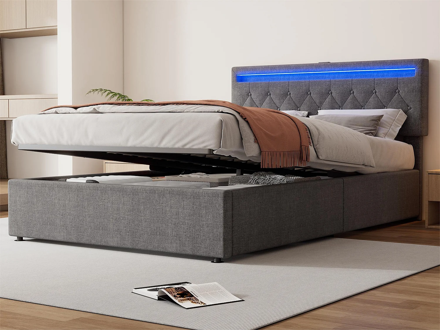 Opbergbed 140x200 cm in linnenstof met LED - USB- en Type-C-aansluitingen op het bed - met lattenbodem - Grijs