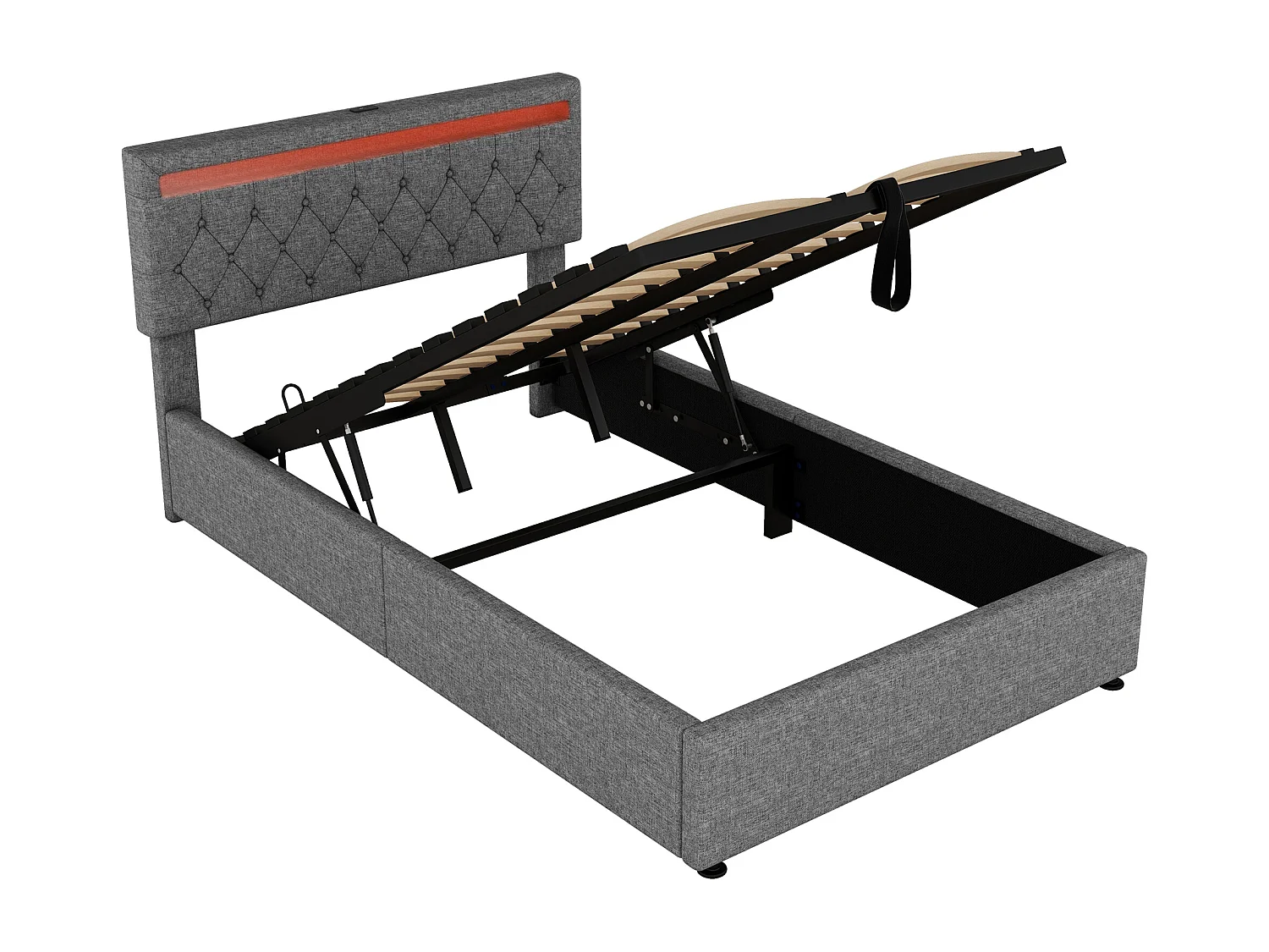 Opbergbed 140x200 cm in linnenstof met LED - USB- en Type-C-aansluitingen op het bed - met lattenbodem - Grijs
