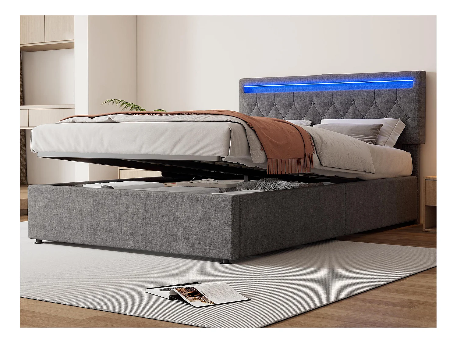 Lit coffre 140x200 cm en tissu lin avec LED - prises USB et Type-C sur le lit - avec sommier à lattes - Gris