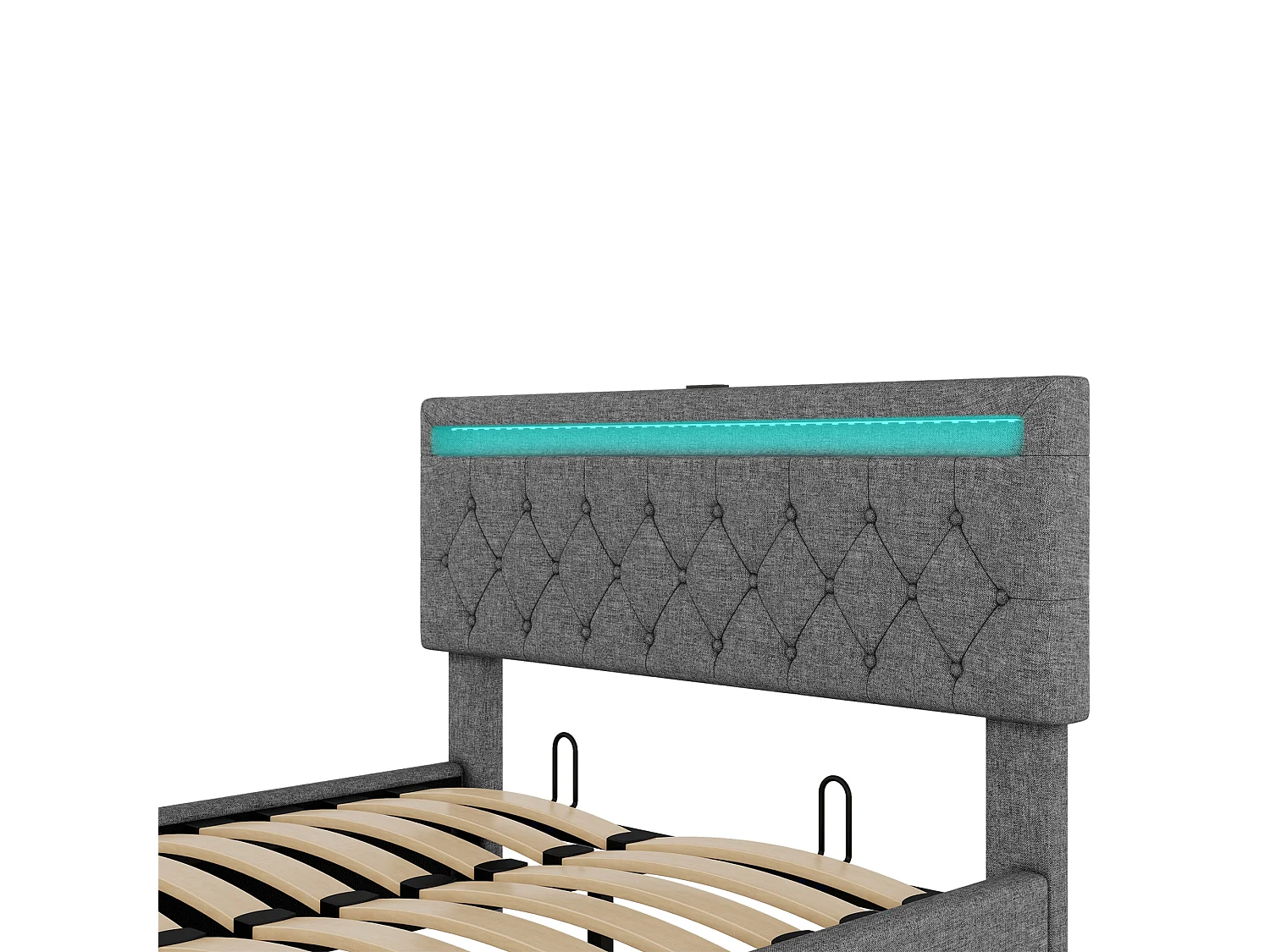 Lit coffre 140x200 cm en tissu lin avec LED - prises USB et Type-C sur le lit - avec sommier à lattes - Gris