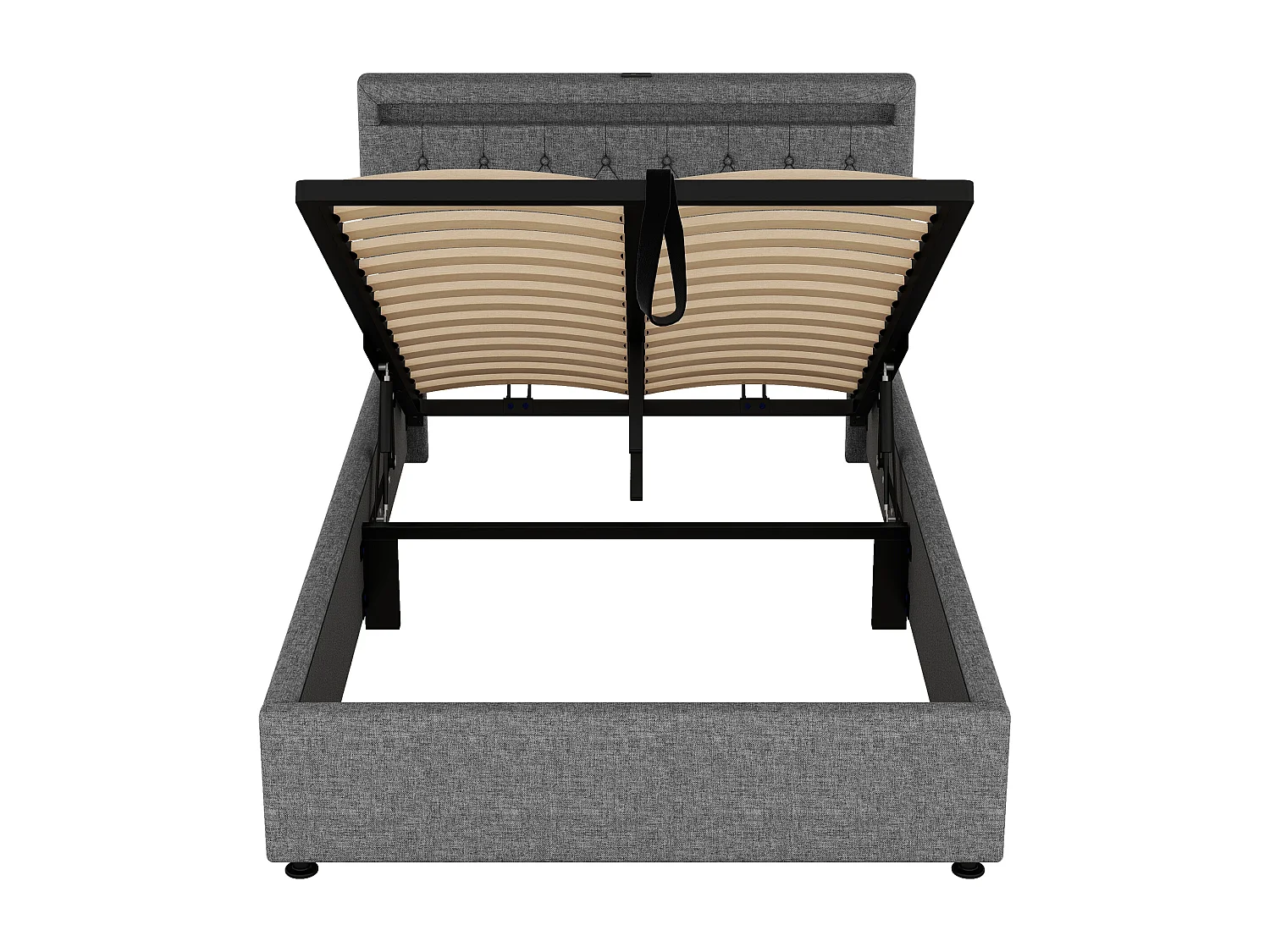 Lit coffre 140x200 cm en tissu lin avec LED - prises USB et Type-C sur le lit - avec sommier à lattes - Gris