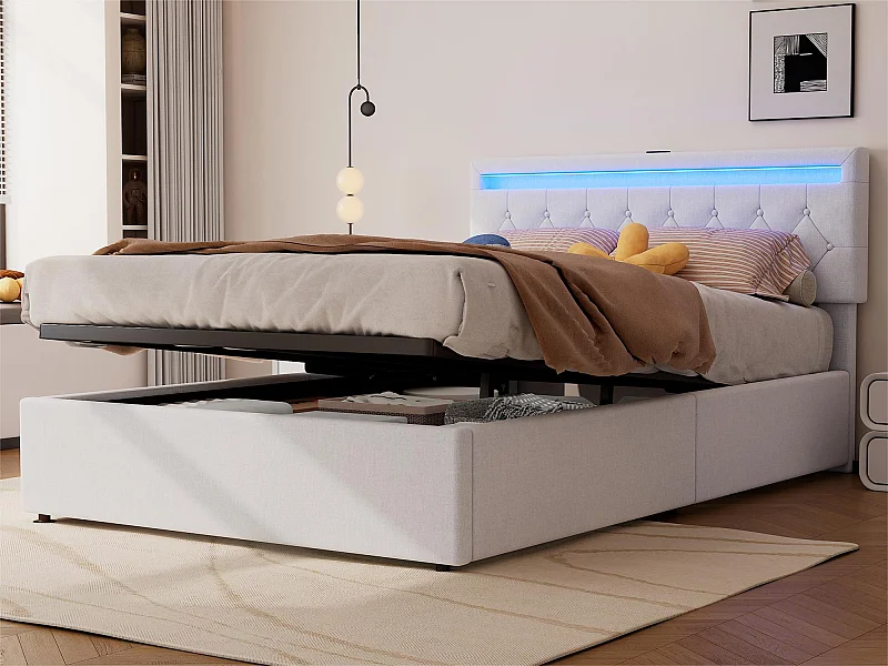 Lit coffre 140x200 cm en tissu lin avec LED - prises USB et Type-C sur le lit - avec sommier à lattes - Blanc