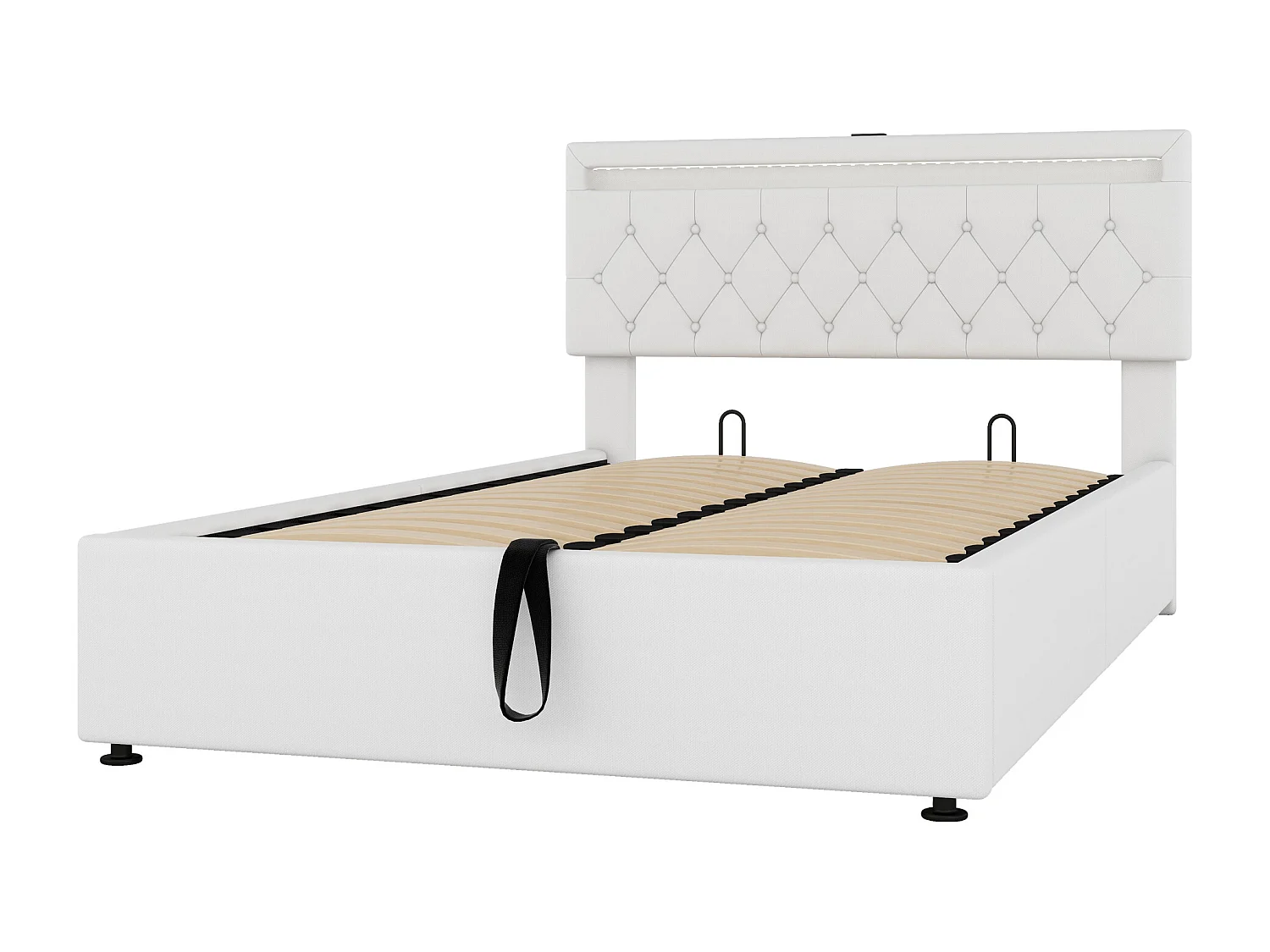 Opbergbed 140x200 cm in linnenstof met LED - USB- en Type-C-aansluitingen op het bed - met lattenbodem - Wit