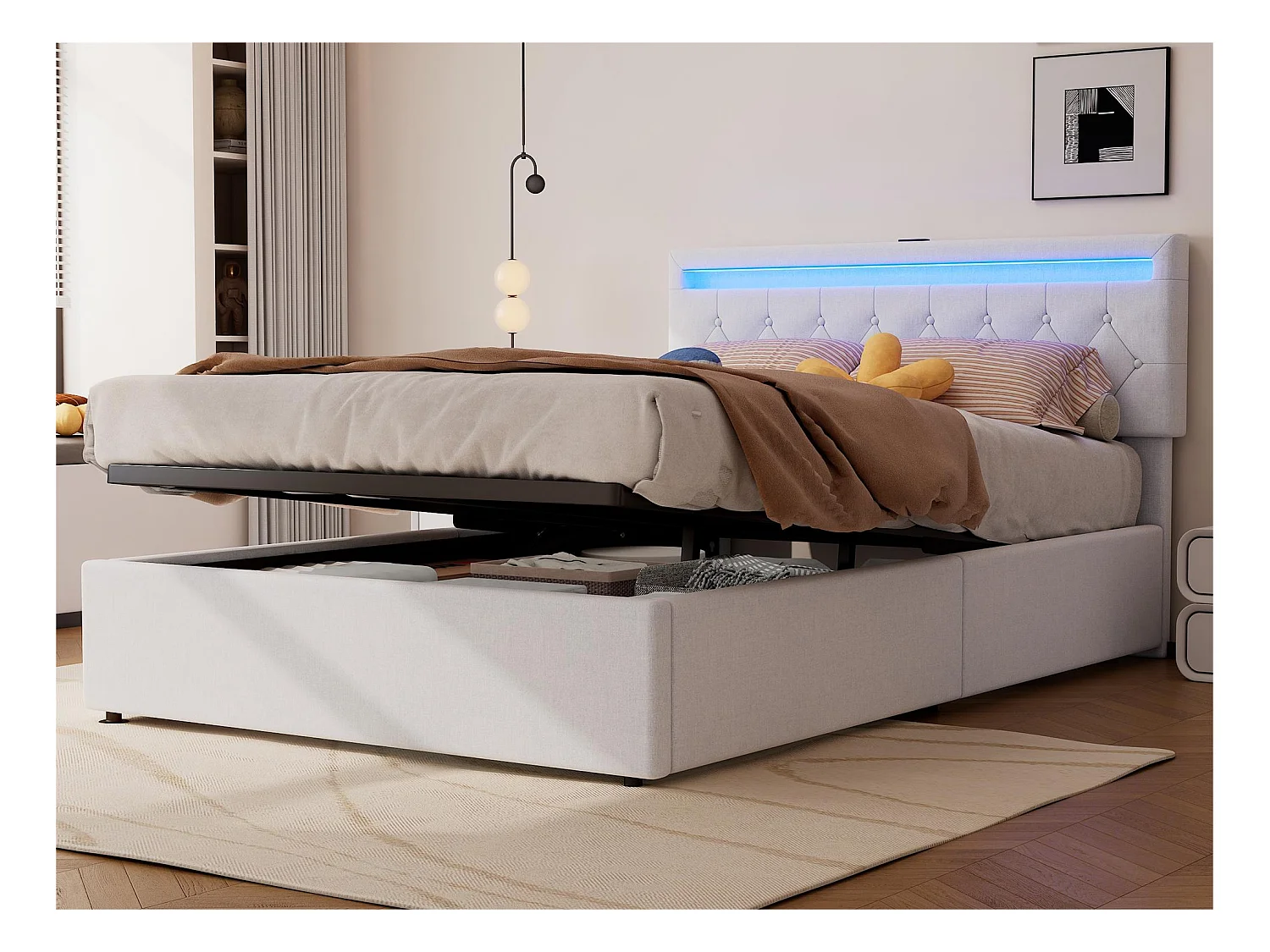 Lit coffre 140x200 cm en tissu lin avec LED - prises USB et Type-C sur le lit - avec sommier à lattes - Blanc