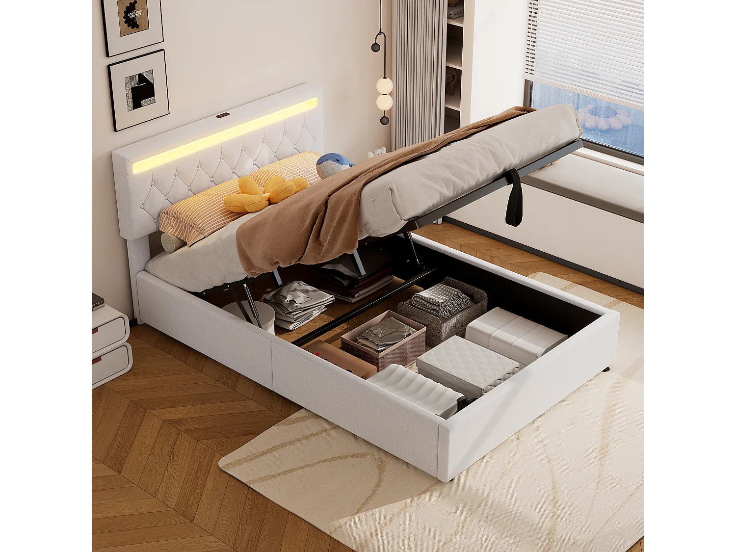 Lit coffre 140x200 cm en tissu lin avec LED - prises USB et Type-C sur le lit - avec sommier à lattes - Blanc