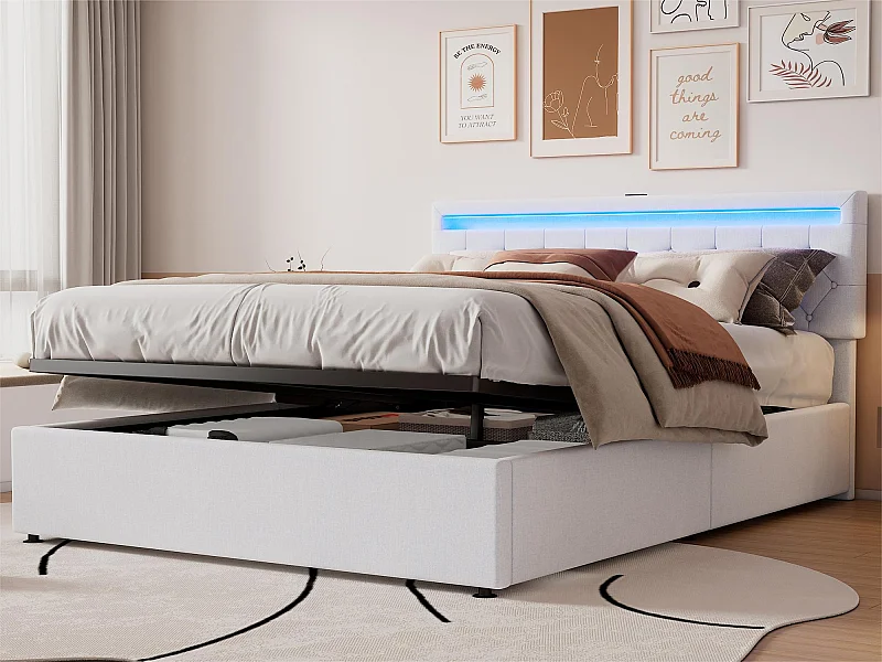 Opbergbed 160x200 cm in linnenstof met LED - USB en Type-C stopcontacten op het bed - met lattenbodem - Wit