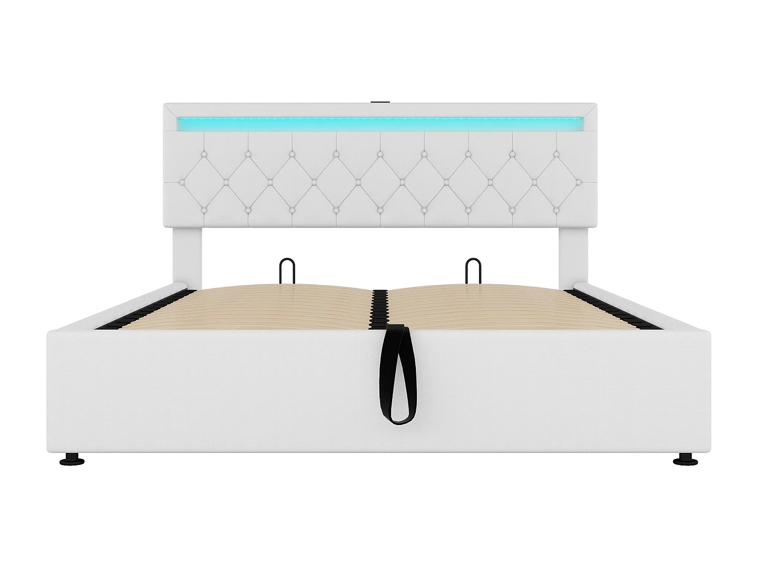 Łóżko 160x200 cm z tkaniny lnianej z LED - gniazda USB i Type-C na łóżku - z stelażem na listwy - Białe