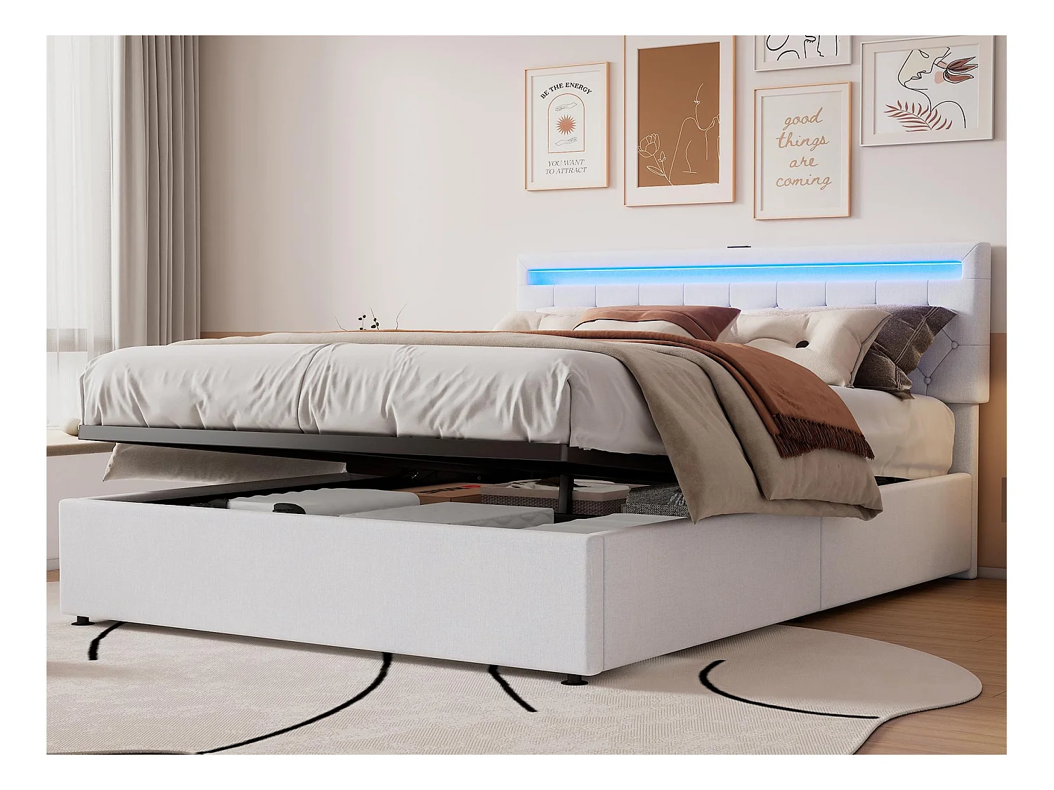 Lit coffre 160x200 cm en tissu lin avec LED - prises USB et Type-C sur le lit - avec sommier à lattes - Blanc