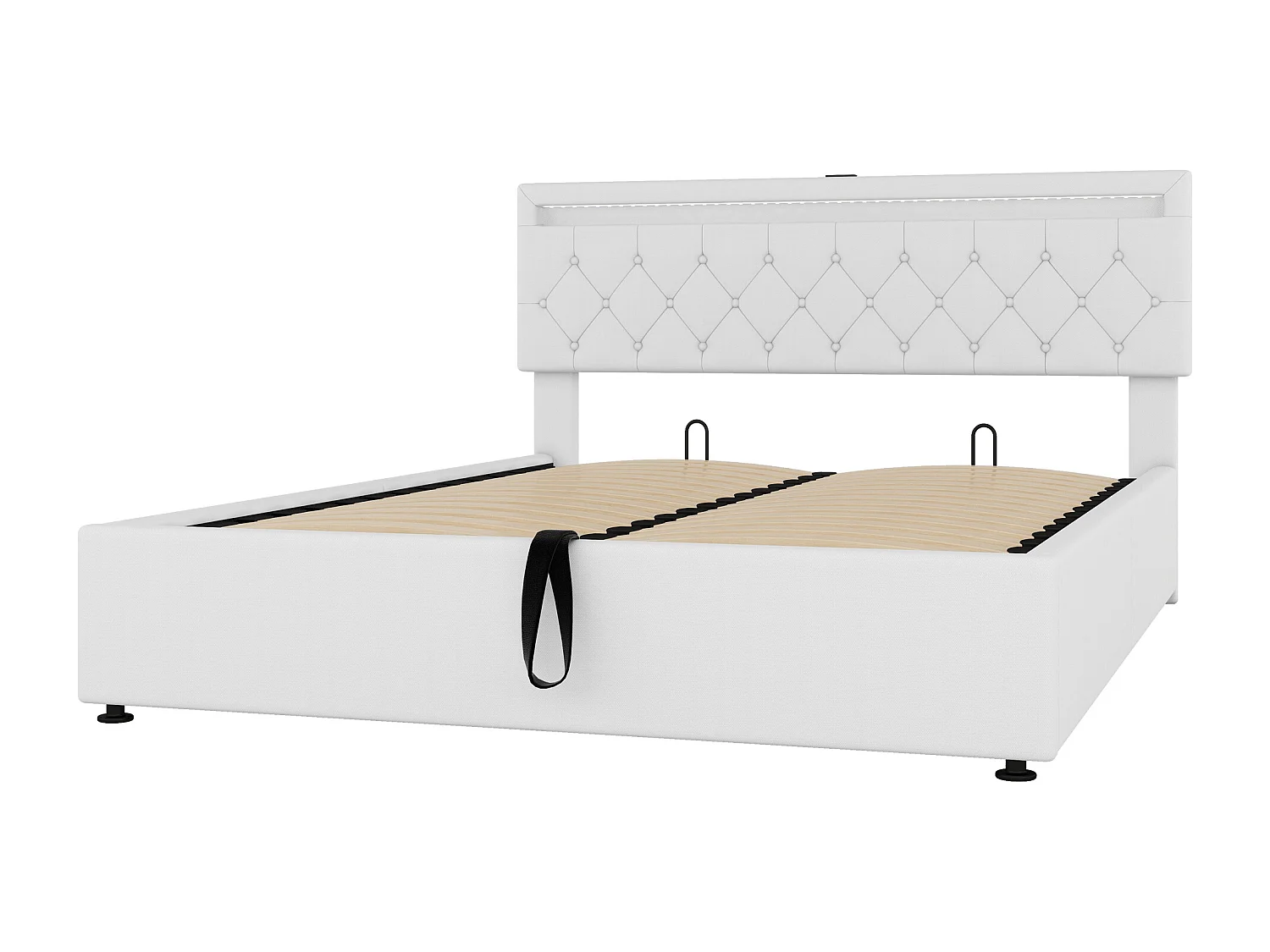 Stauraumbett 160x200 cm aus Leinenstoff mit LED - USB- und Typ-C-Anschlüssen am Bett - mit Lattenrost - Weiß