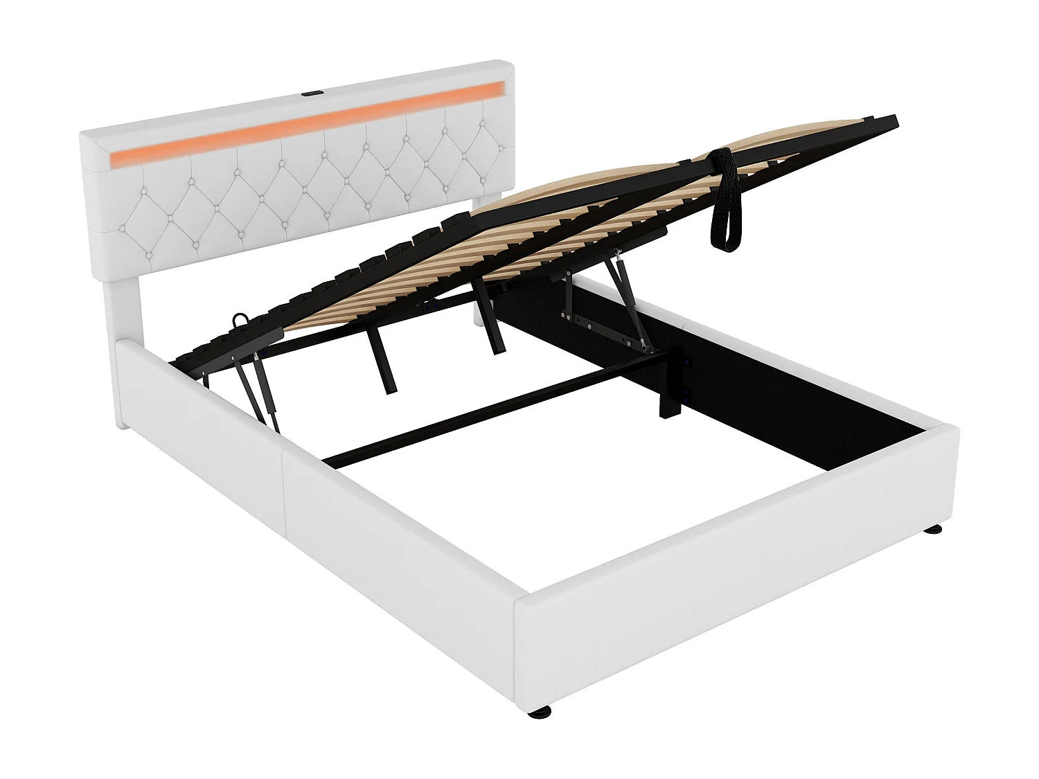 Stauraumbett 160x200 cm aus Leinenstoff mit LED - USB- und Typ-C-Anschlüssen am Bett - mit Lattenrost - Weiß