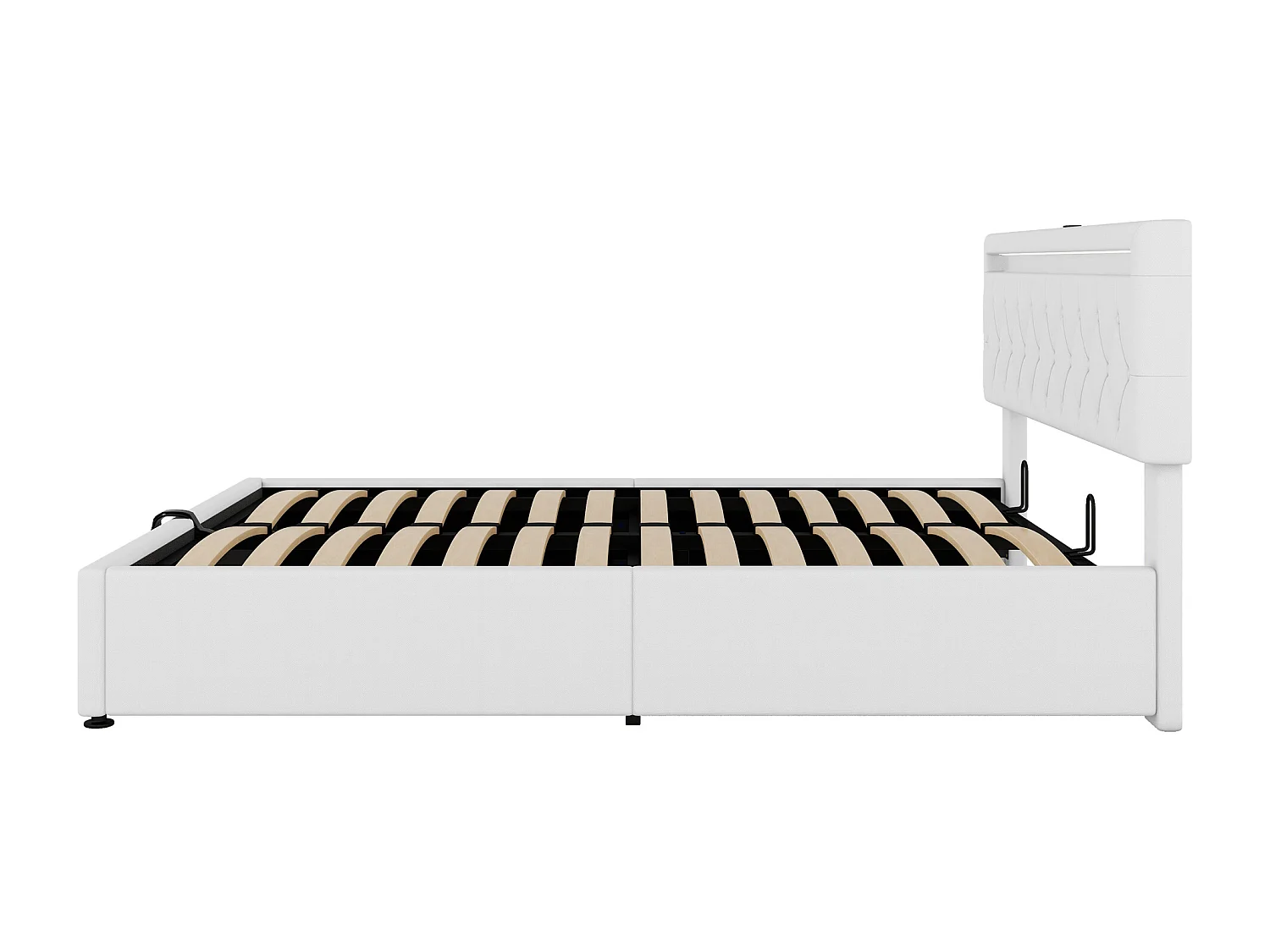 Stauraumbett 160x200 cm aus Leinenstoff mit LED - USB- und Typ-C-Anschlüssen am Bett - mit Lattenrost - Weiß