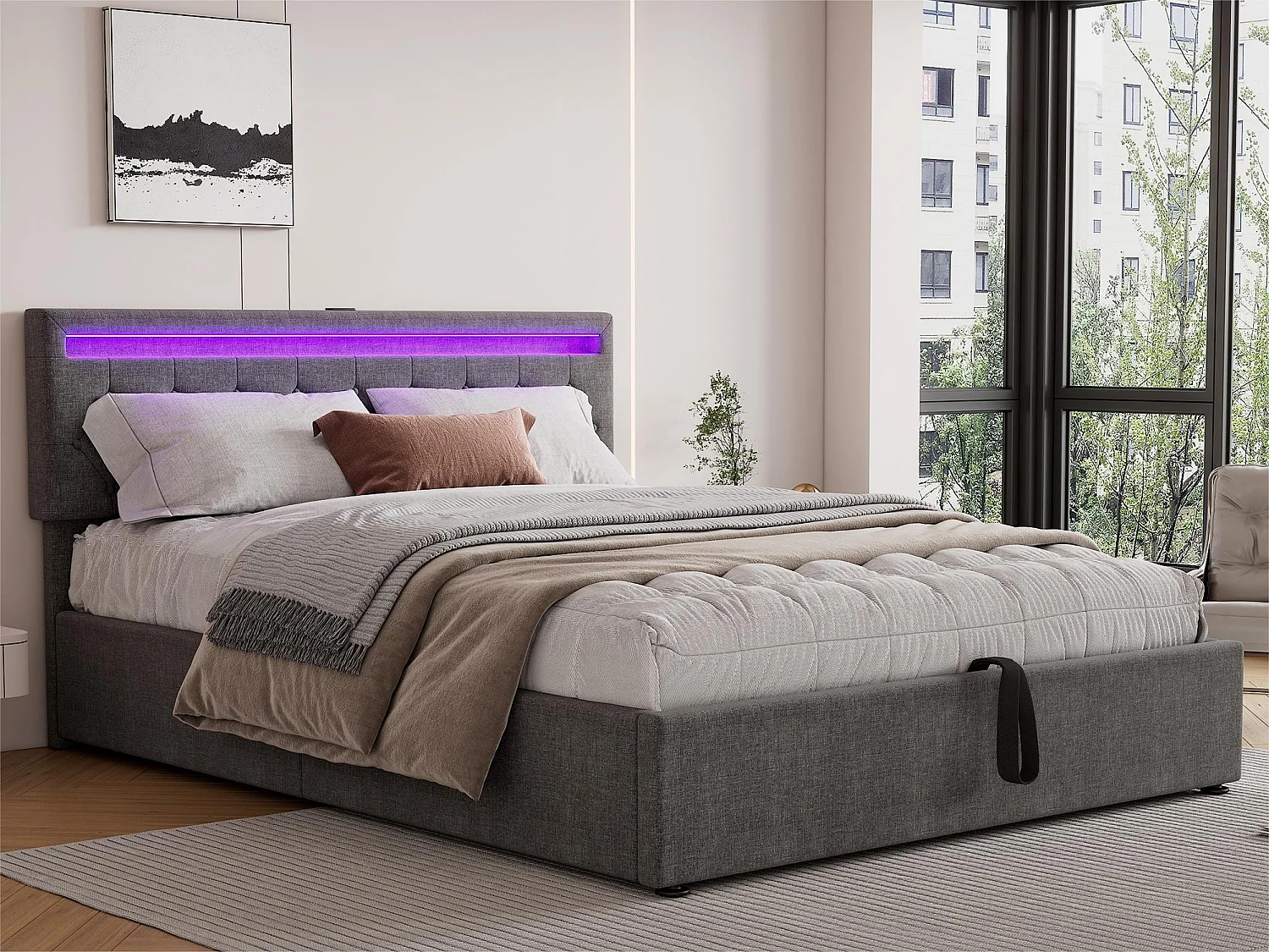 Letto contenitore 160x200 cm in tessuto lino con LED - Prese USB e Type-C sul letto - con rete a doghe - Grigio