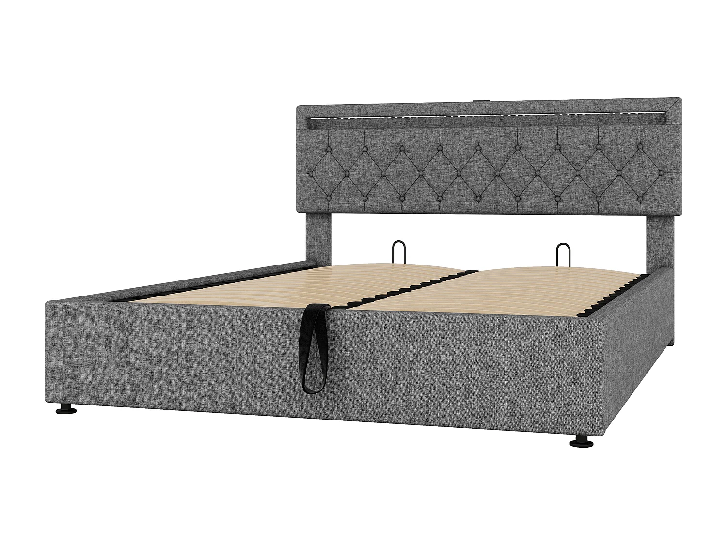 Letto contenitore 160x200 cm in tessuto lino con LED - Prese USB e Type-C sul letto - con rete a doghe - Grigio