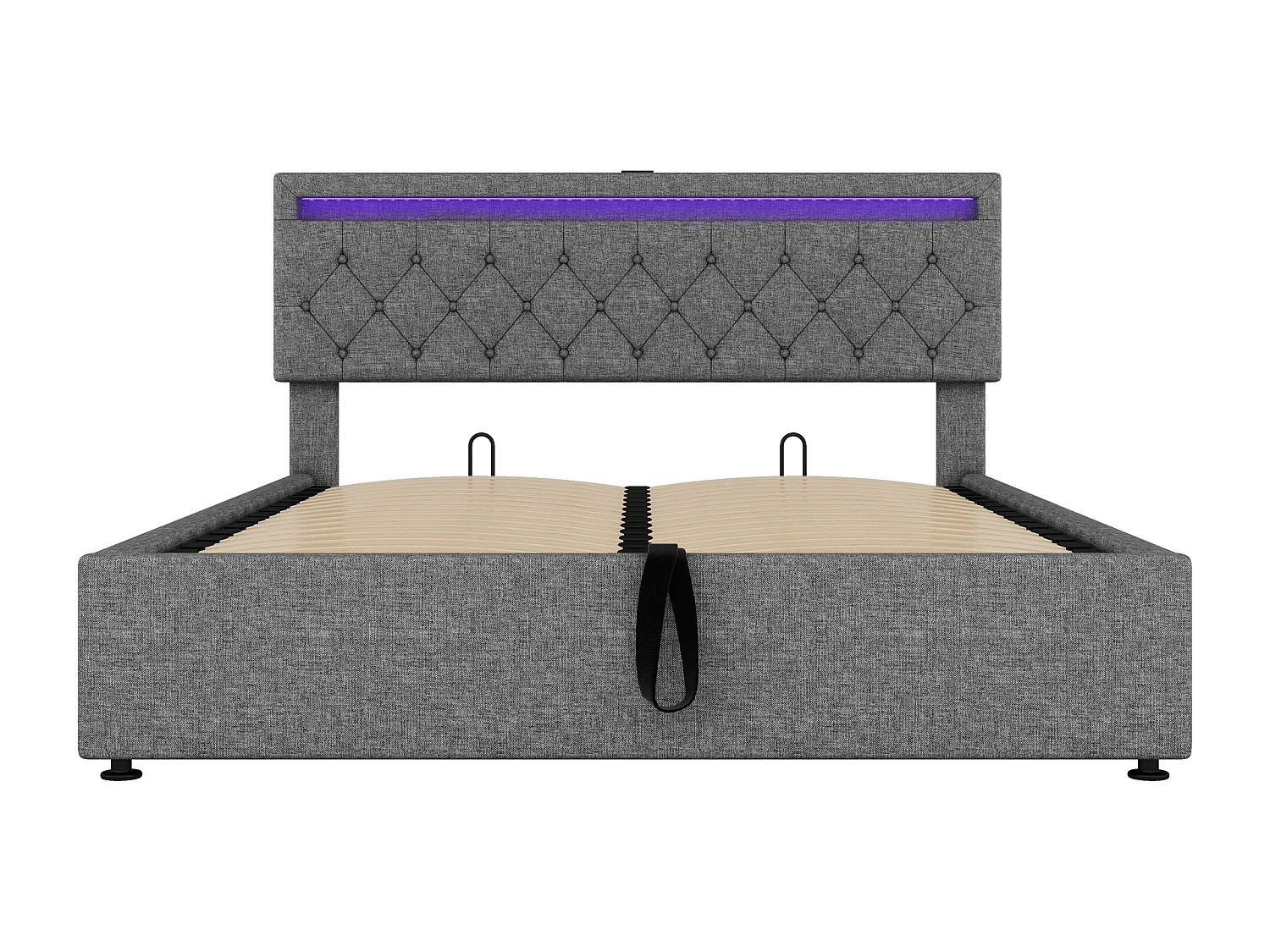 Letto contenitore 160x200 cm in tessuto lino con LED - Prese USB e Type-C sul letto - con rete a doghe - Grigio