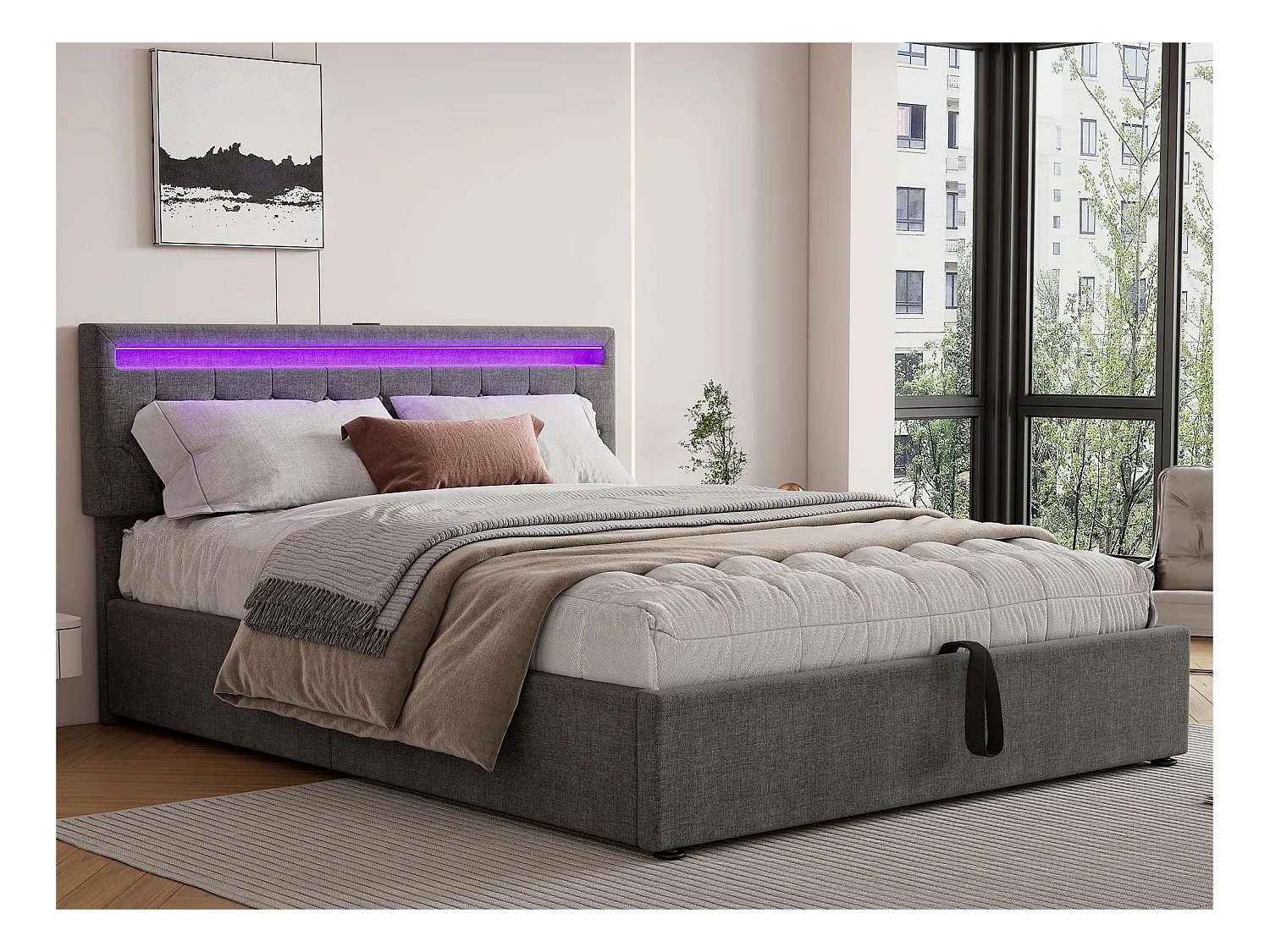 Opbergbed 160x200 cm in linnenstof met LED - USB- en Type-C-aansluitingen op het bed - met lattenbodem - Grijs
