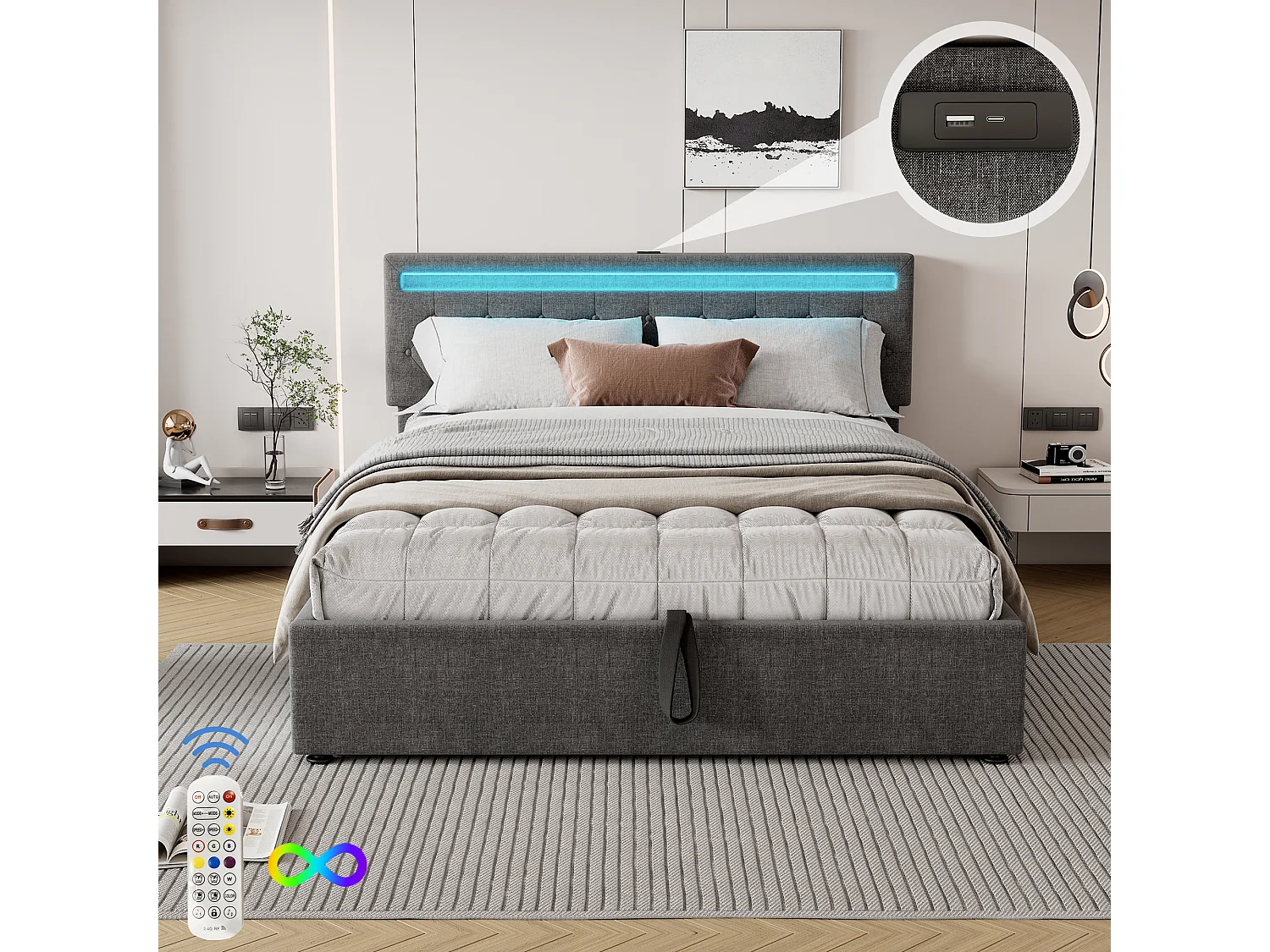 160 x 200 cm großes Stauraumbett aus Leinenstoff mit LED – USB- und Typ-C-Anschlüsse am Bett – mit Lattenrost – Grau