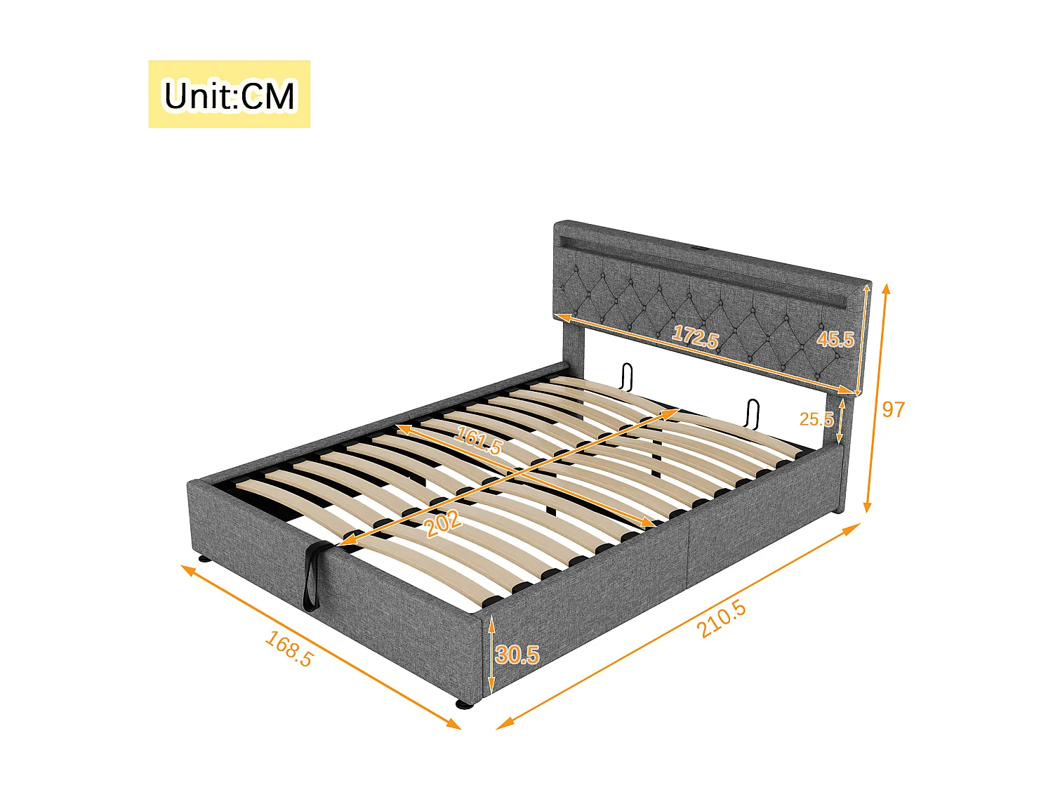 160 x 200 cm großes Stauraumbett aus Leinenstoff mit LED – USB- und Typ-C-Anschlüsse am Bett – mit Lattenrost – Grau