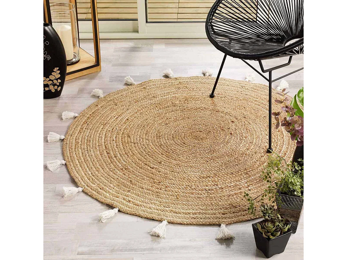 Tapis Rond Déco en Jute "Shira" 120cm Blanc