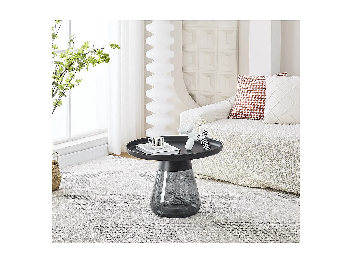 Table d'appoint H. 42 cm verre trempé noir fumé et métal noir - SHURI