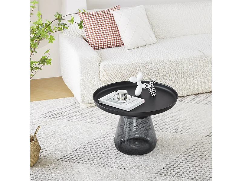 Table d'appoint H. 42 cm verre trempé noir fumé et métal noir - SHURI
