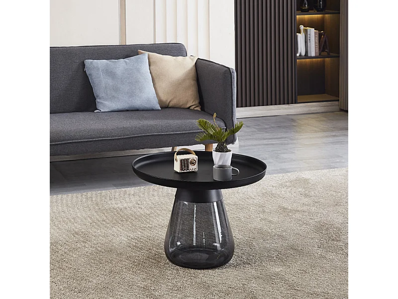 Table d'appoint H. 42 cm verre trempé noir fumé et métal noir - SHURI