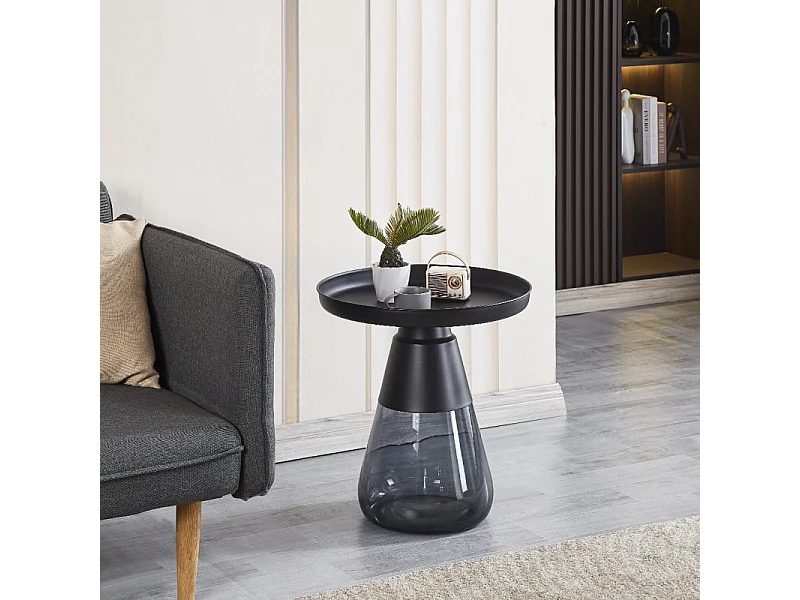 Table d'appoint H. 53 cm verre trempé noir fumé et métal noir - SHURI