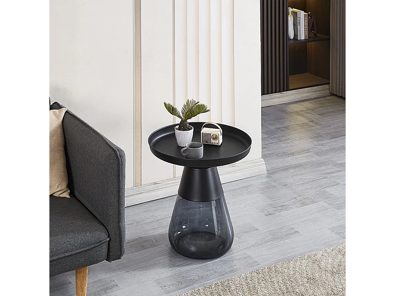 Table d'appoint H. 53 cm verre trempé noir fumé et métal noir - SHURI