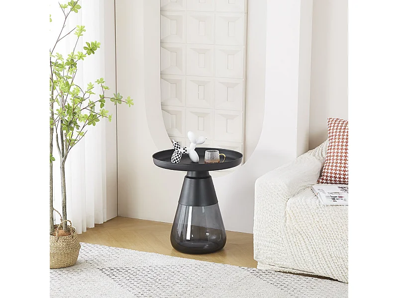 Table d'appoint H. 53 cm verre trempé noir fumé et métal noir - SHURI