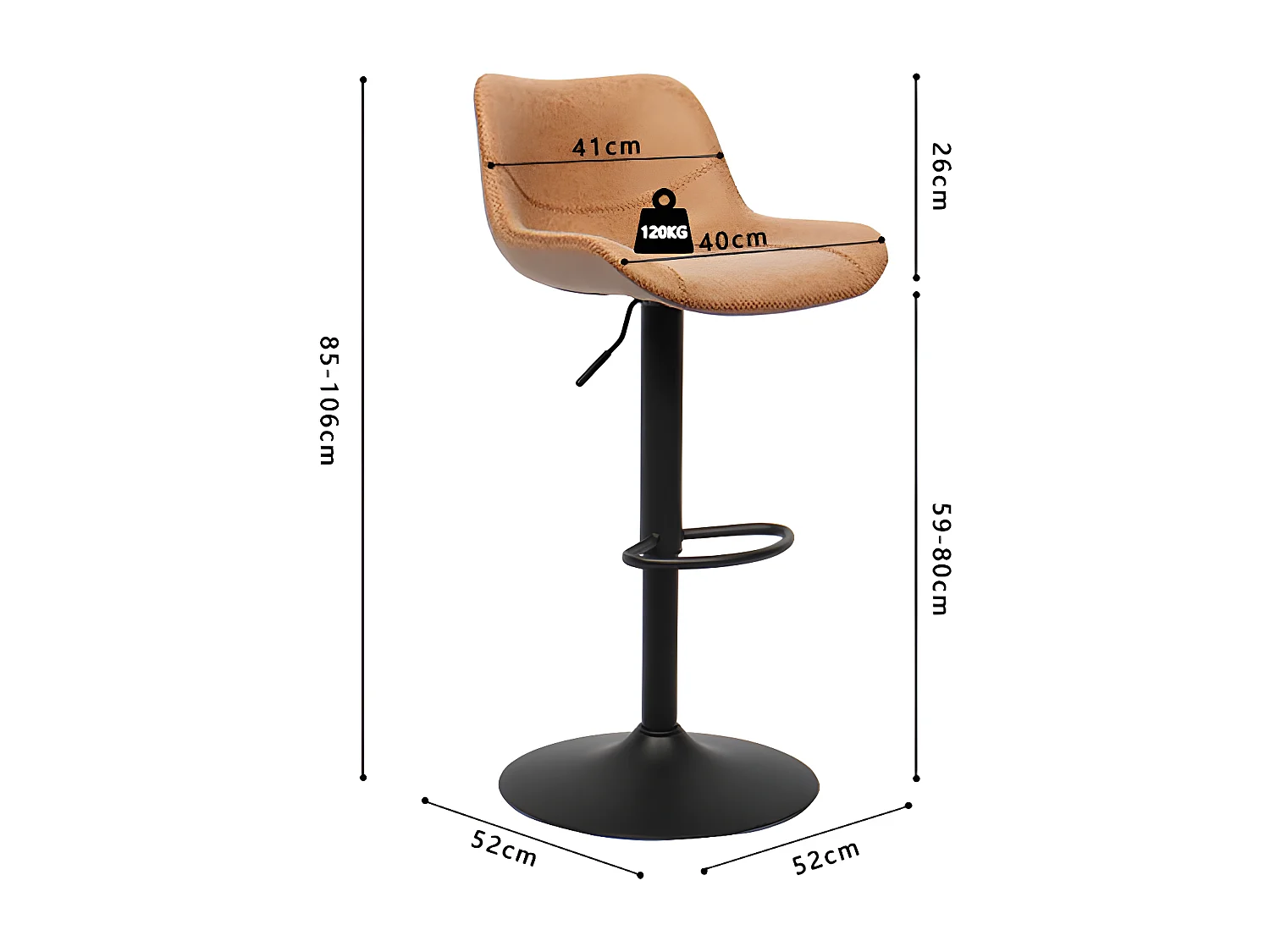 Tabouret de bar pivotant réglable Tilda PU cognac