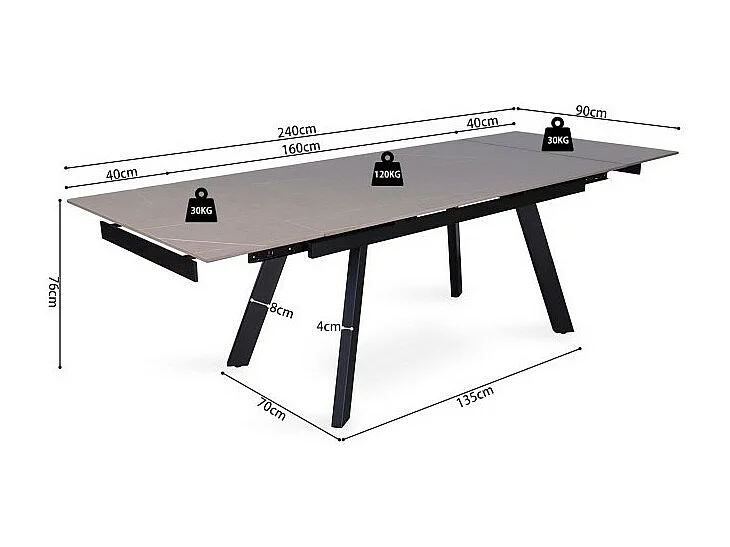 Ausziehbarer Esstisch für 10 Personen mit grauer Steinplatte, Kollektion LAROS. Struktur aus Metall.