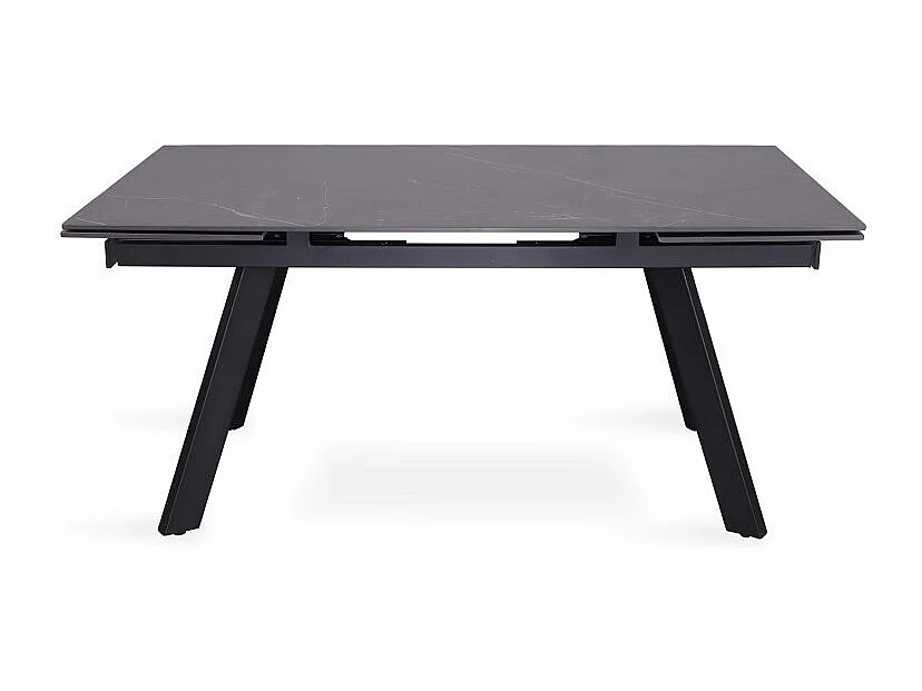 Uitschuifbare eettafel voor 10 personen met een zwart stenen blad uit de LAROS collectie. Structuur van metaal.